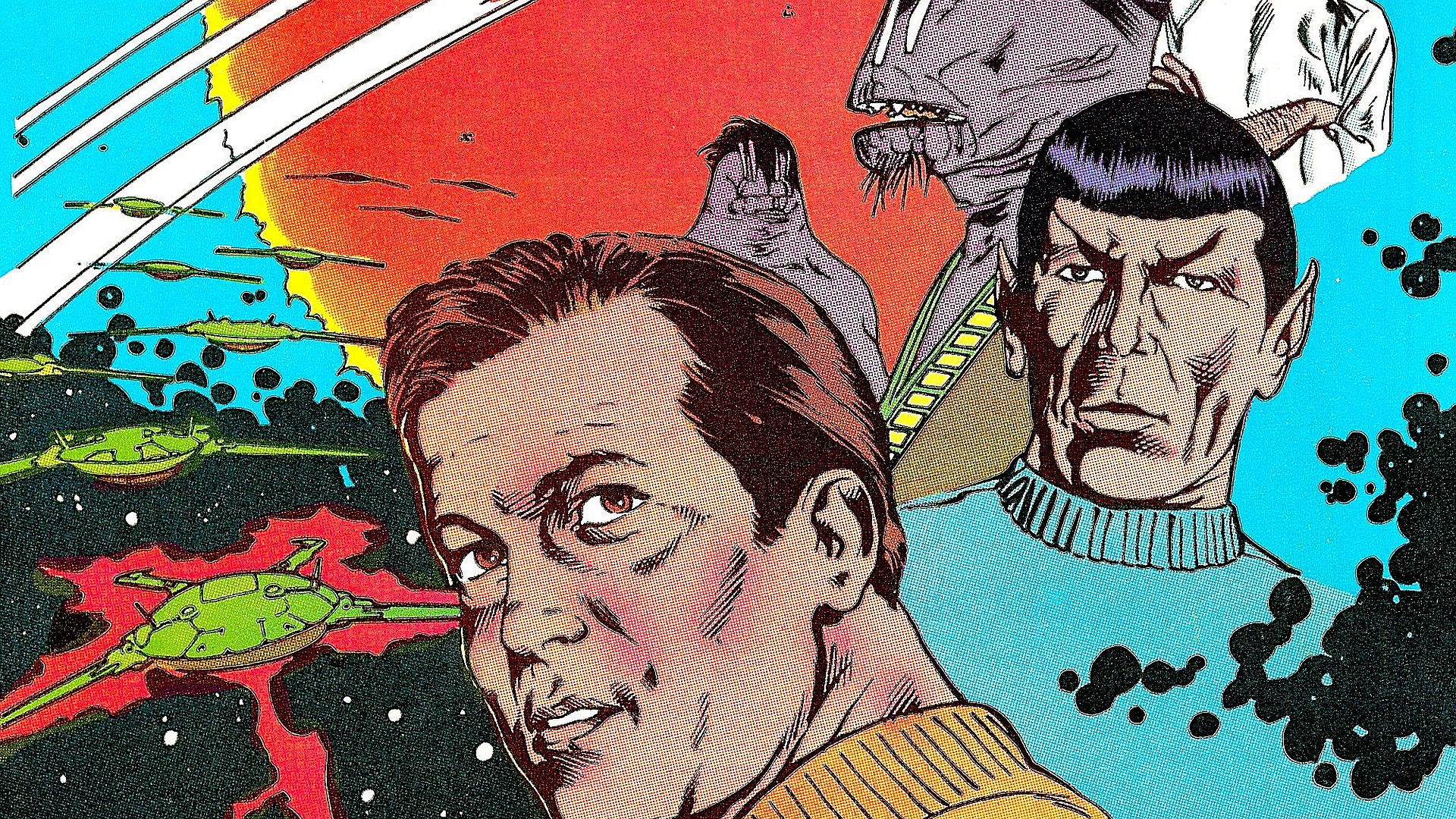 Star Trek characters with alien ships and planets HD Wallpaper