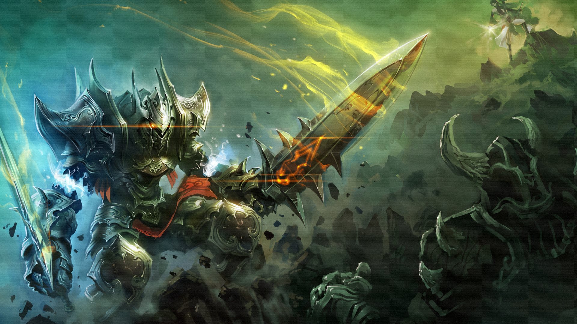 Knight with glowing sword in battle HD Wallpaper