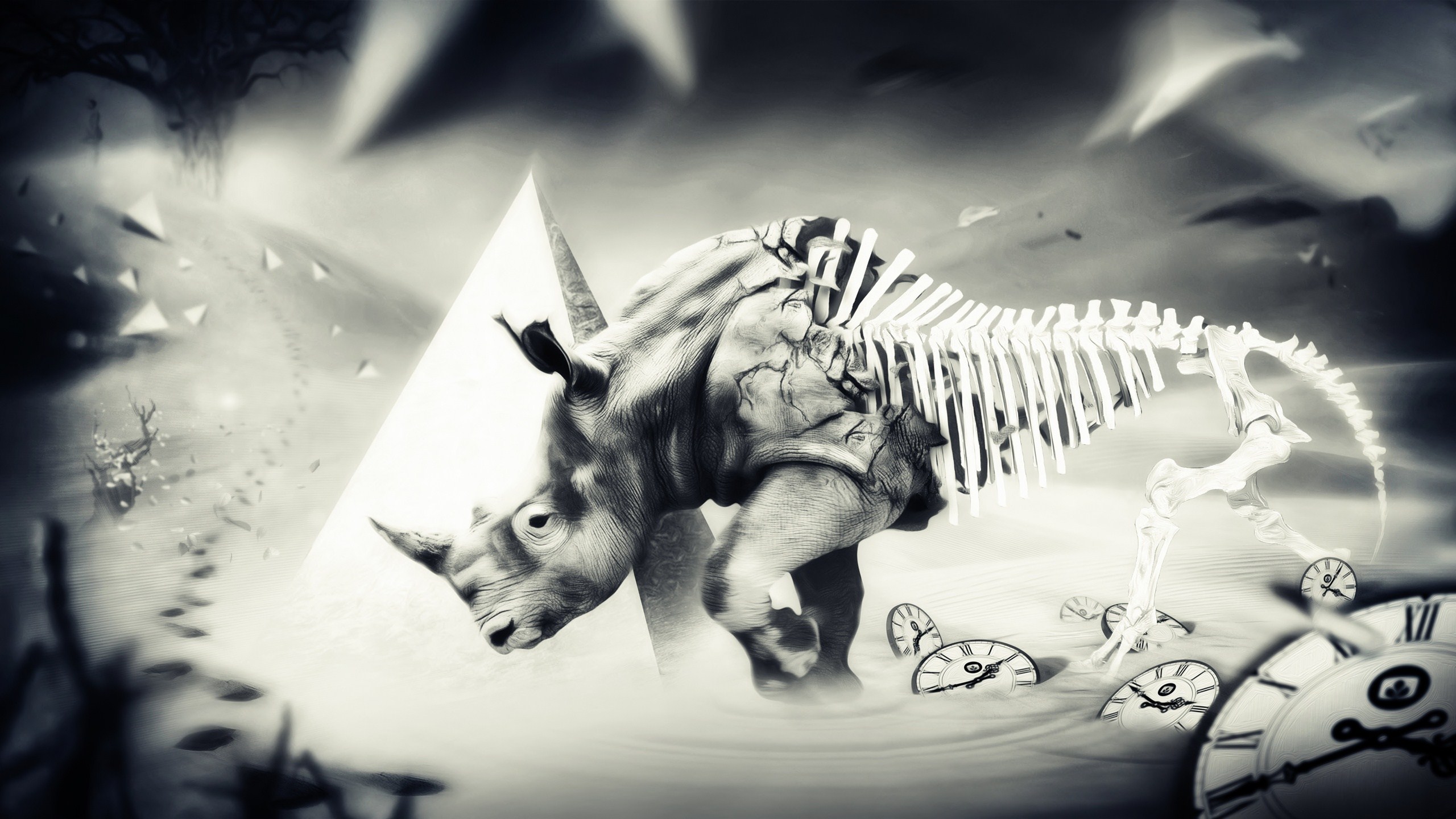 Rhinoceros skeleton and clocks surreal art HD Wallpaper
