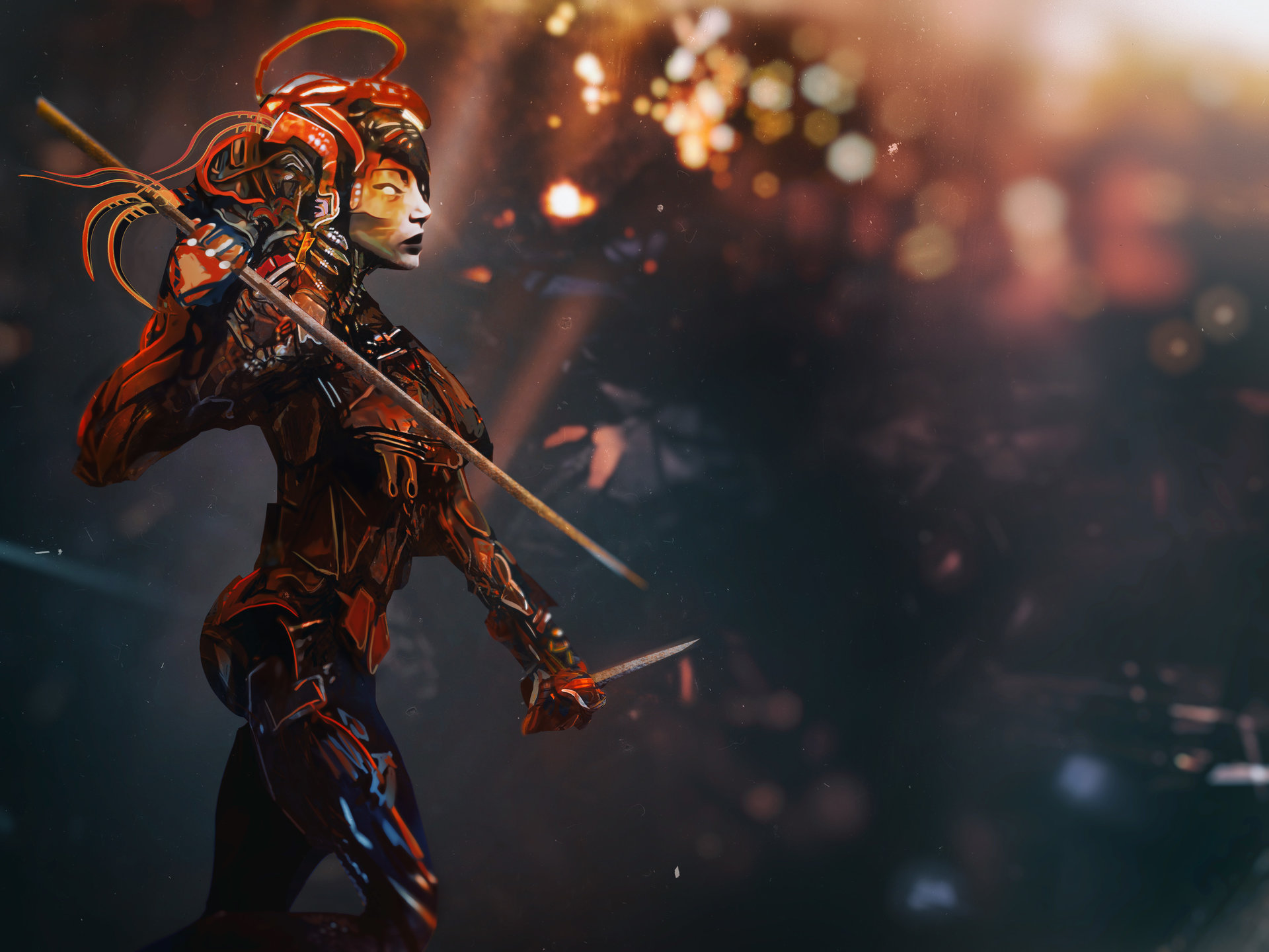 Fantasy Woman Warrior with Staff and Knives HD Wallpaper