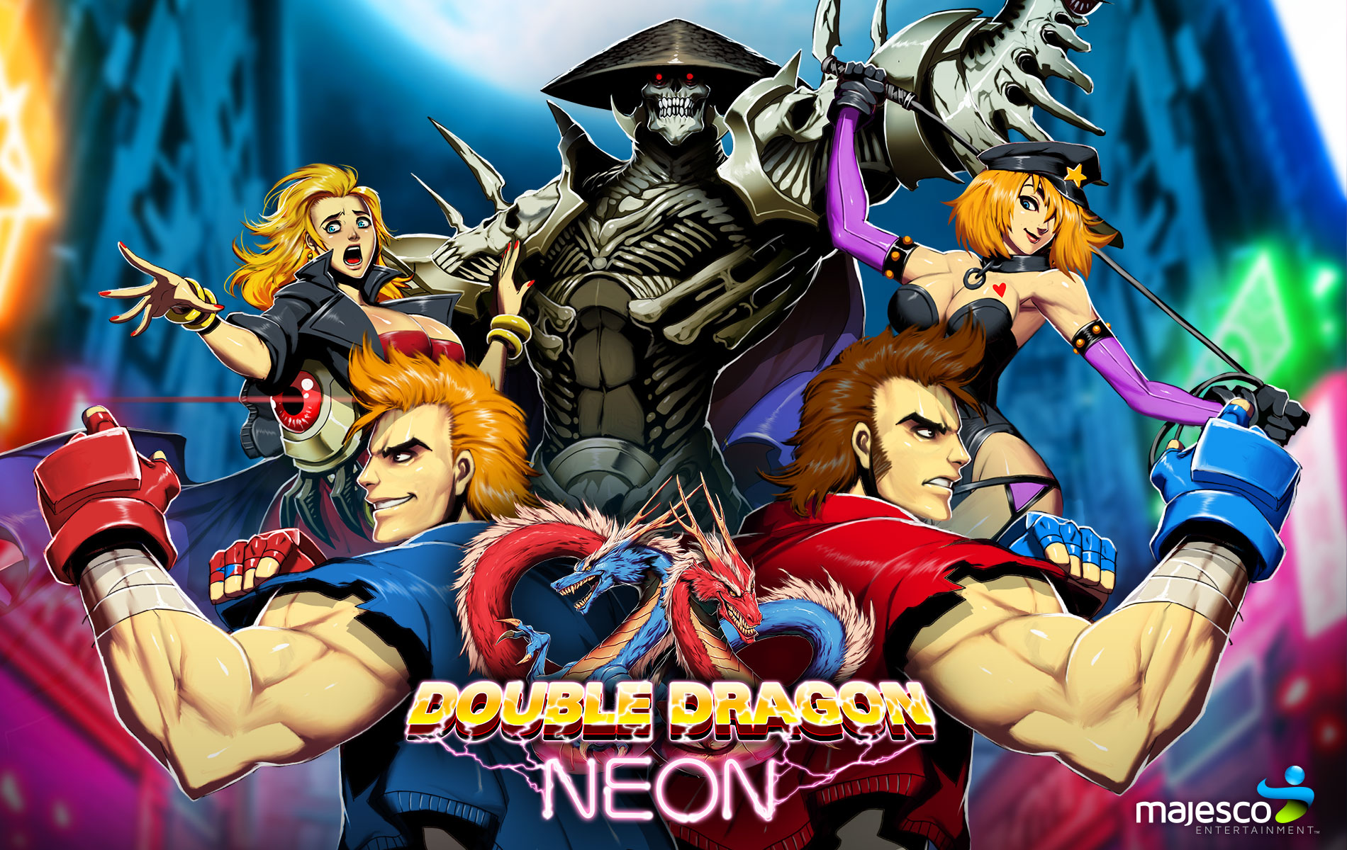 Double Dragon Neon characters with dragons and logo HD Wallpaper