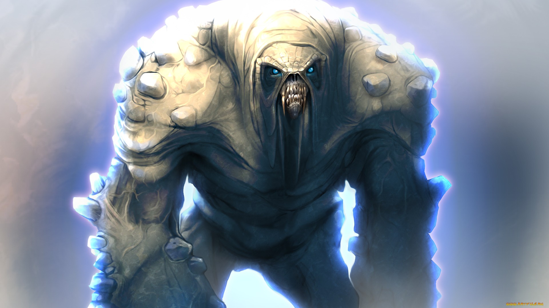 A monstrous creature with glowing blue eyes HD Wallpaper