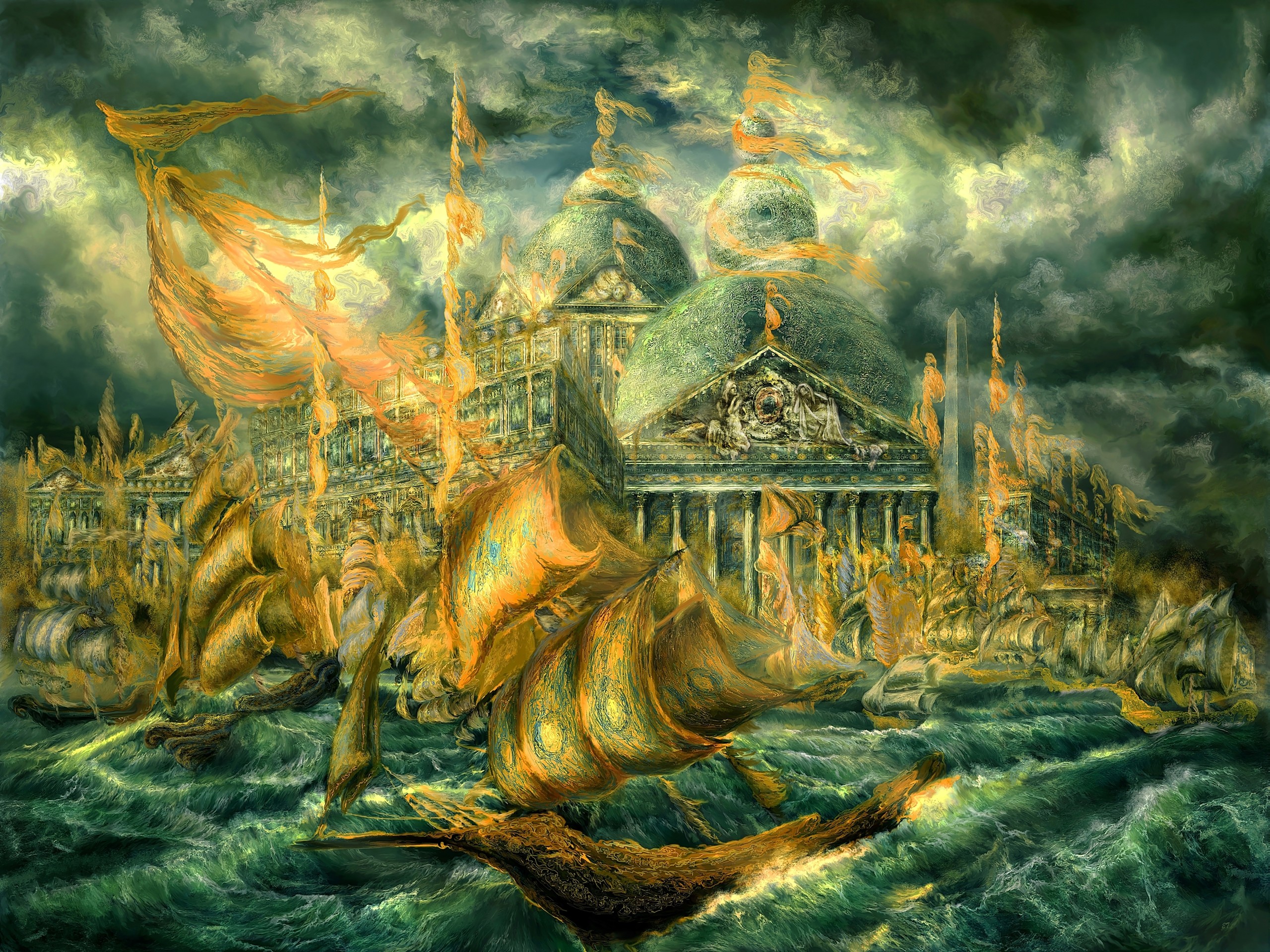 Fantasy artistic scene with ships and architecture HD Wallpaper