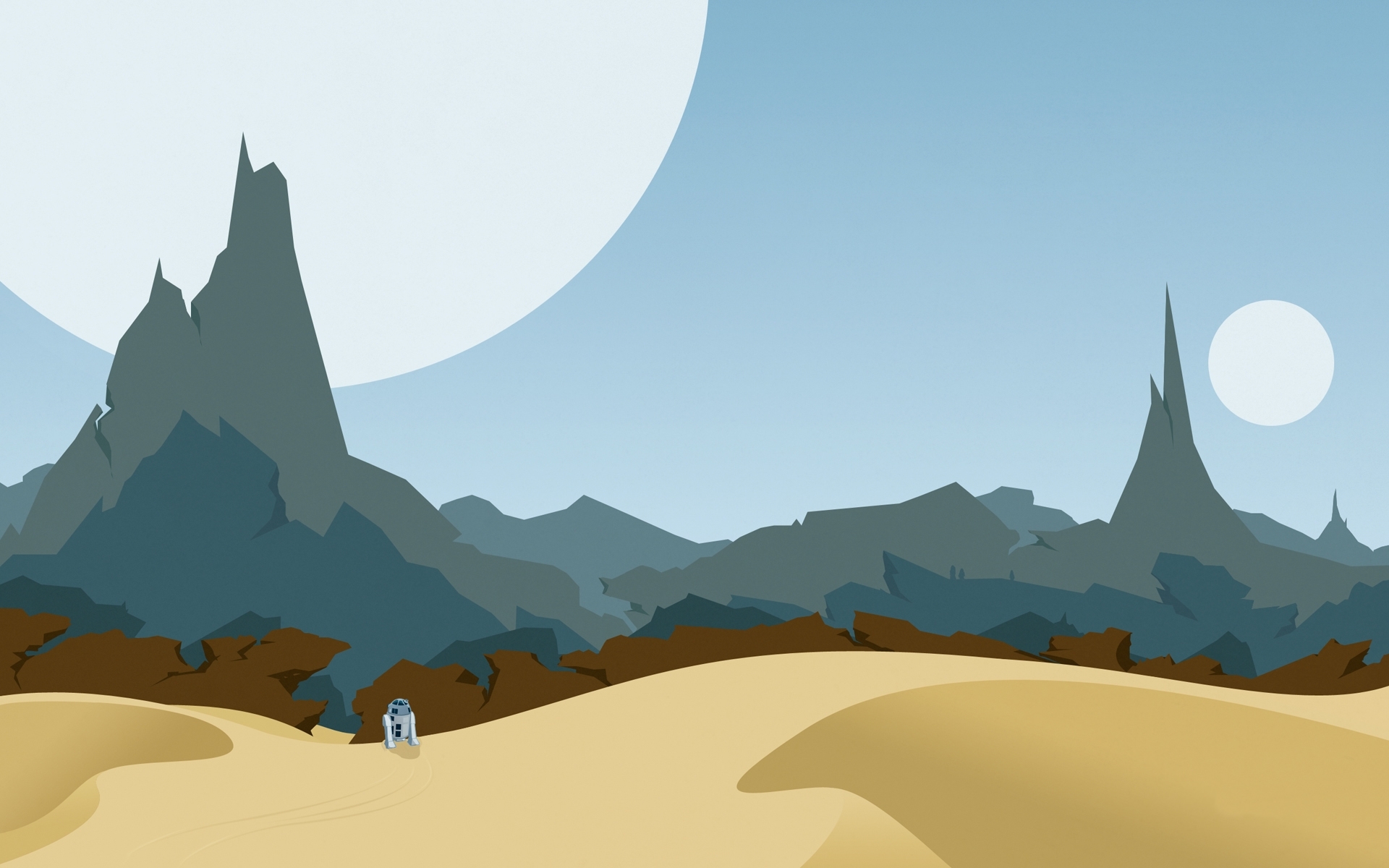 R2-D2 on a desert planet with mountains and two moons HD Wallpaper