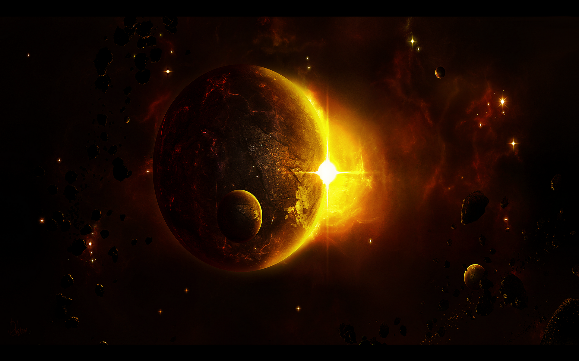 Sci Fi Planet with Sun and Asteroids HD Wallpaper