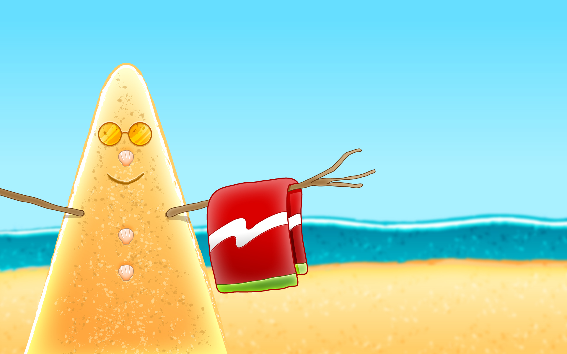 Sand snowman with sunglasses and towel on beach HD Wallpaper