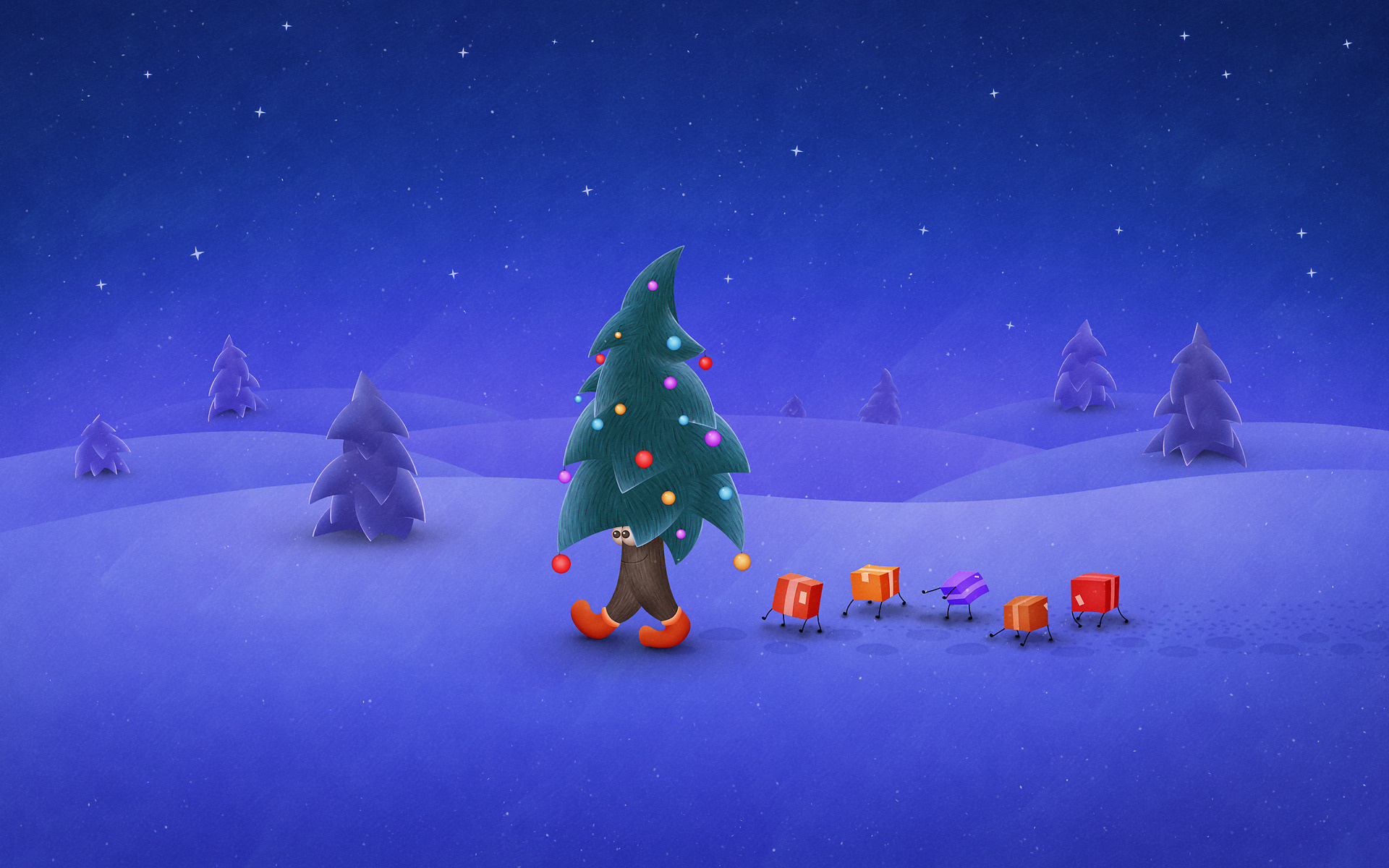 Christmas tree walking with presents in the snow HD Wallpaper