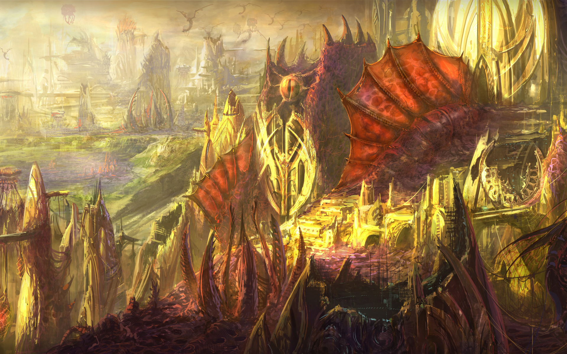 Fantasy landscape with dragon-like structures HD Wallpaper