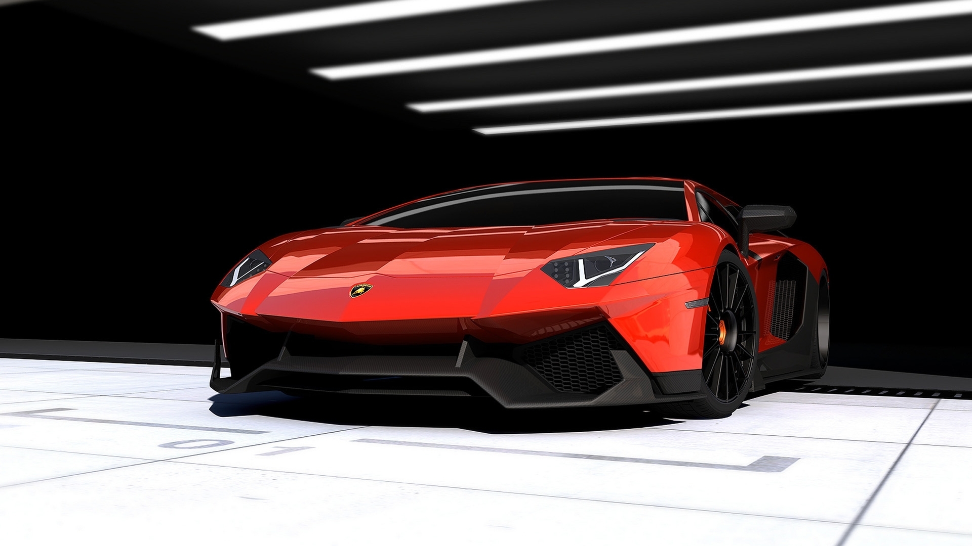 Red Lamborghini Aventador in a garage HD Wallpaper