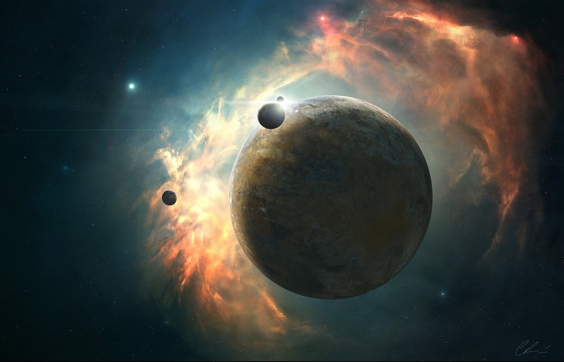 Planets and nebula in outer space HD Wallpaper