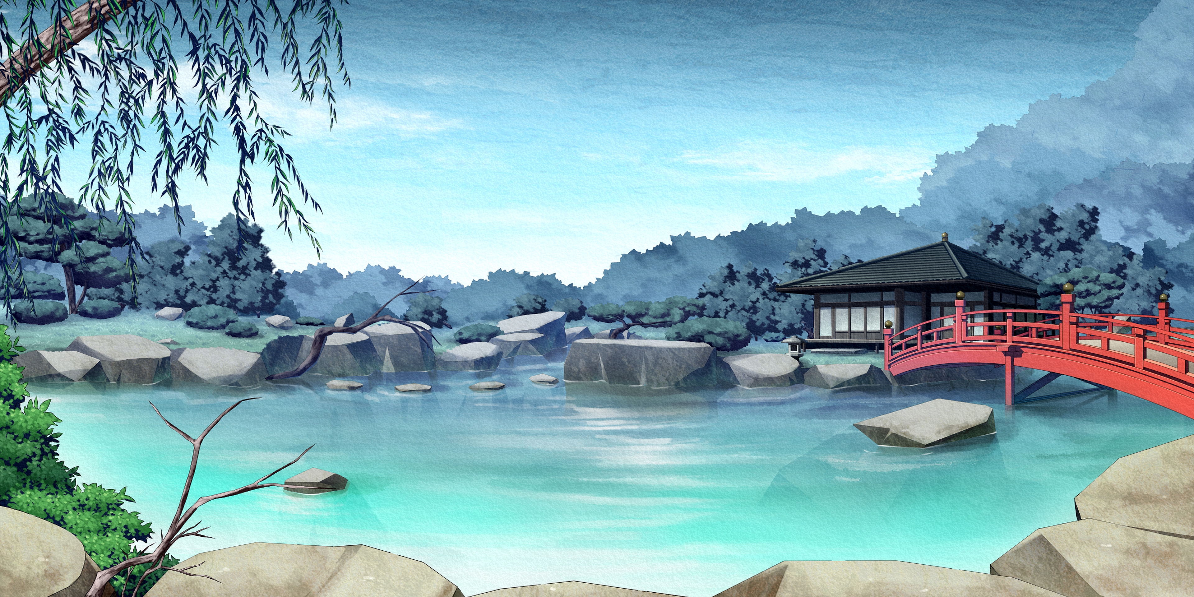 Japanese Garden with Pagoda and Red Bridge HD Wallpaper
