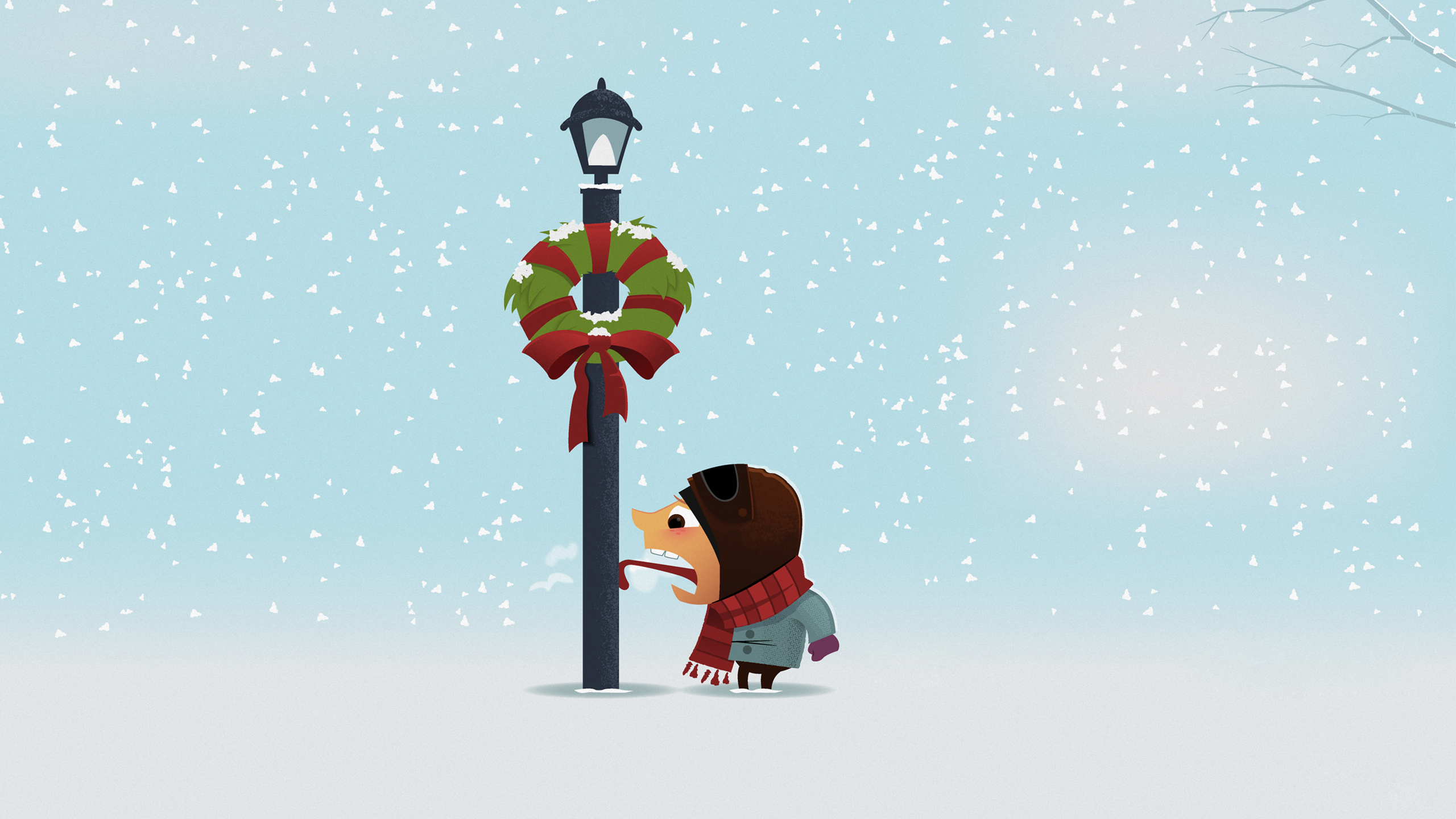 Dog licking a lamppost in the snow HD Wallpaper