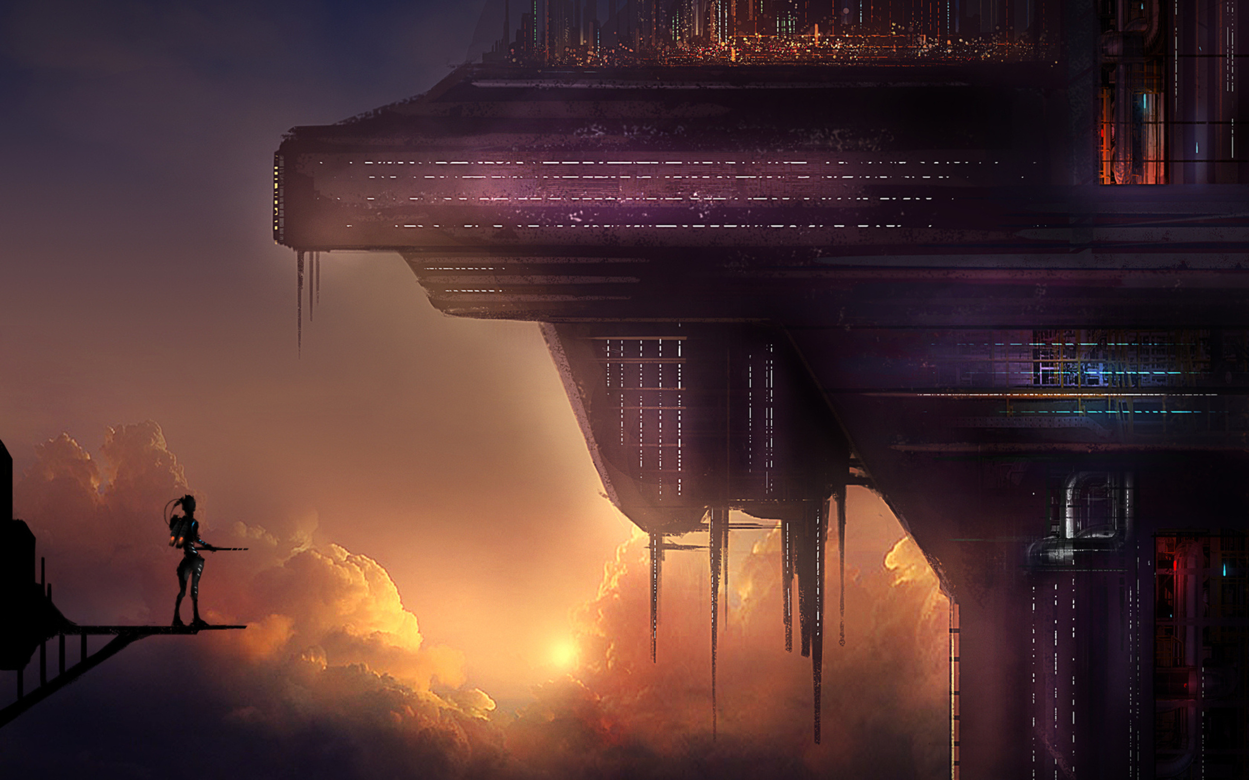 Futuristic city with a lone figure on a platform HD Wallpaper