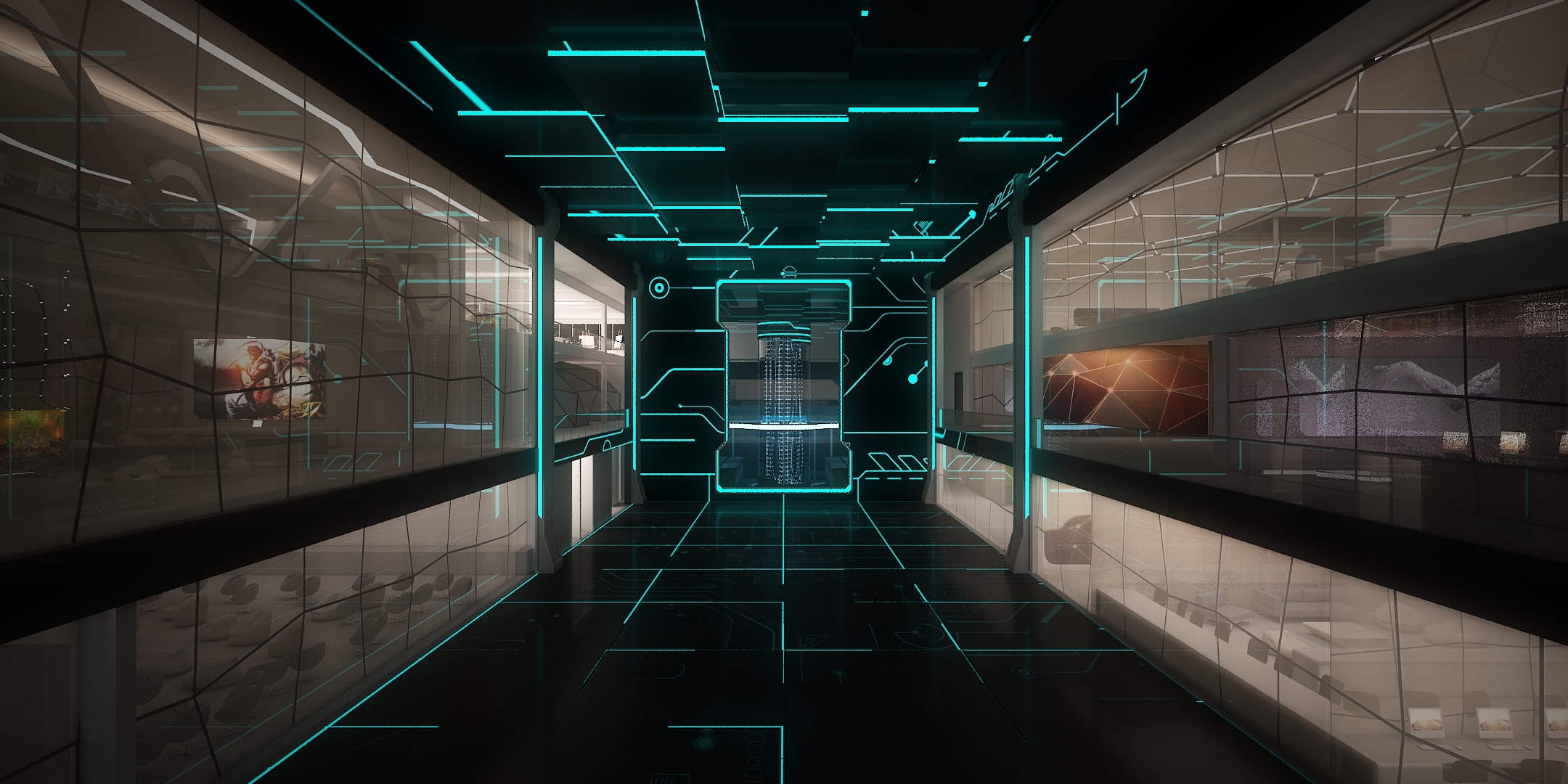 Sci Fi corridor with glowing blue lines HD Wallpaper