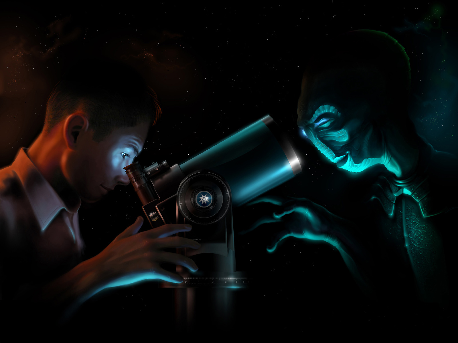 Boy looking through telescope at alien HD Wallpaper