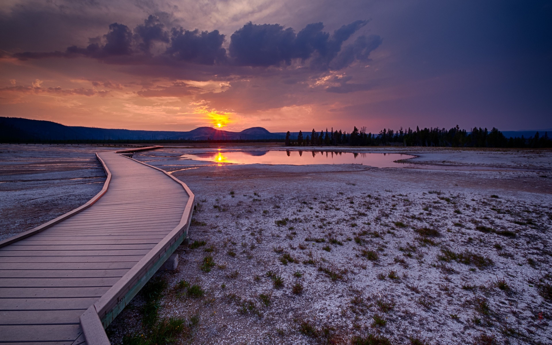 Boardwalk at sunset in Yellowstone National Park HD Wallpaper