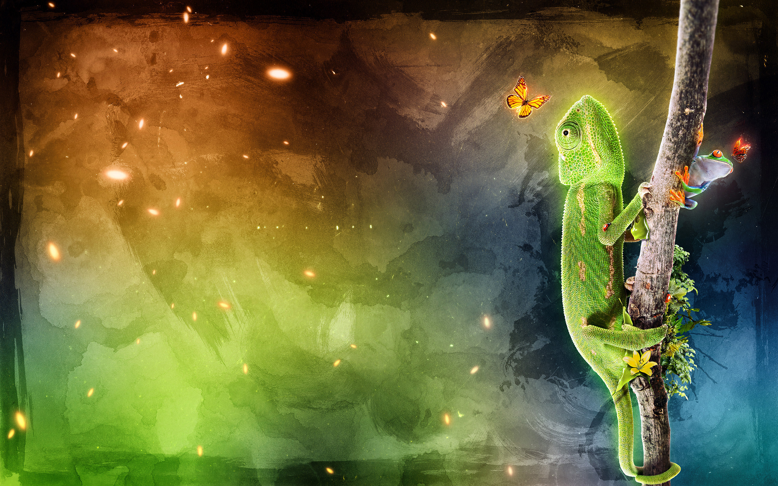 Green chameleon on a branch with butterflies and frog HD Wallpaper