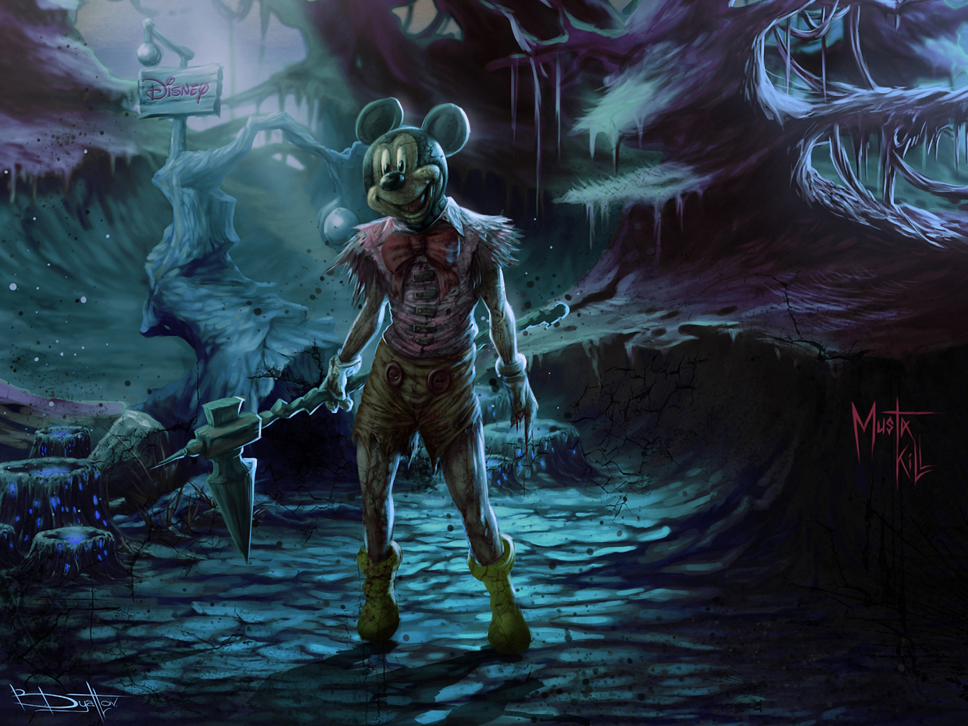 Mickey Mouse from Disney in a dark, eerie landscape HD Wallpaper