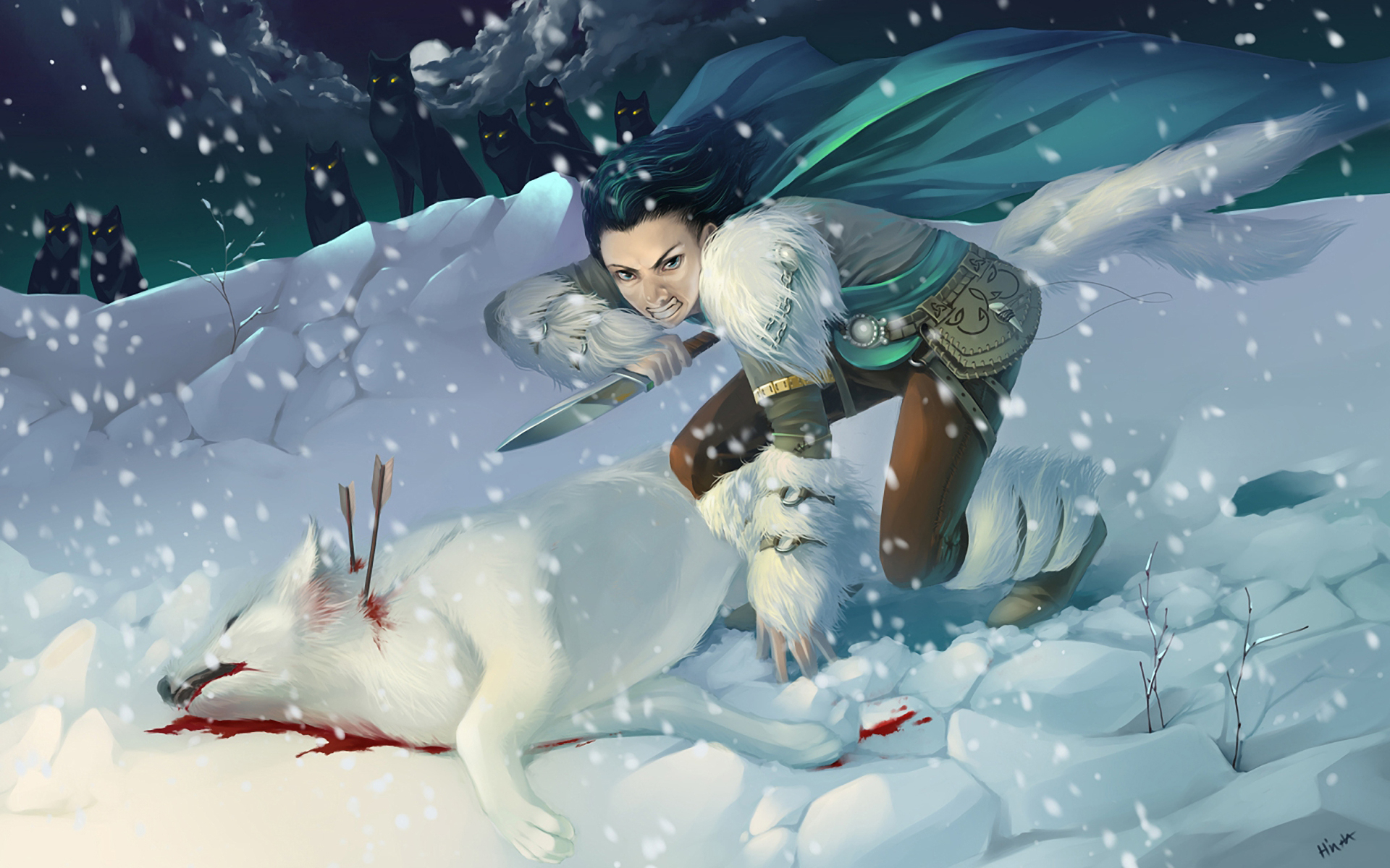 Fantasy Woman Warrior with Knife and Dead Wolf HD Wallpaper