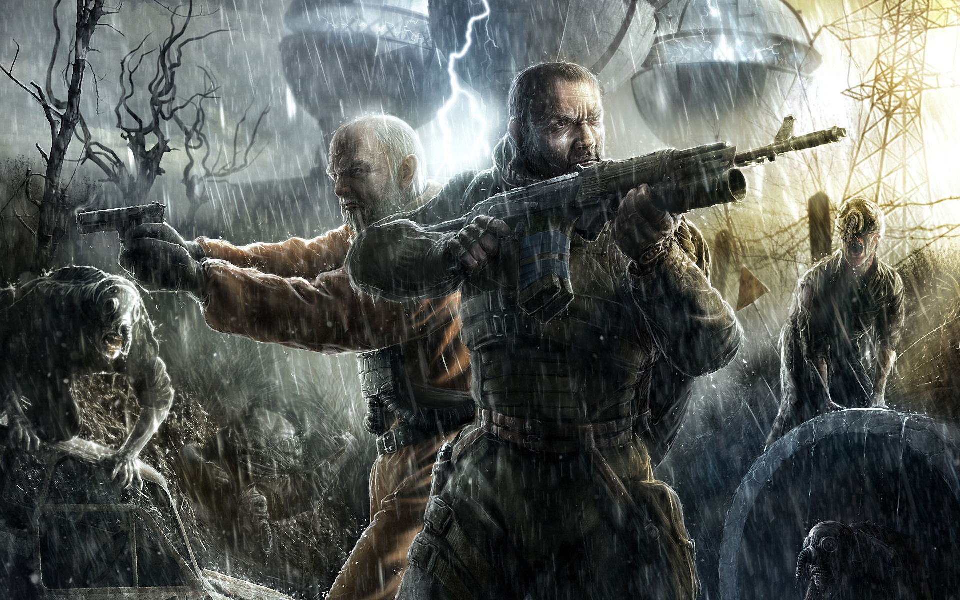 S.T.A.L.K.E.R. characters fighting mutants in rain HD Wallpaper