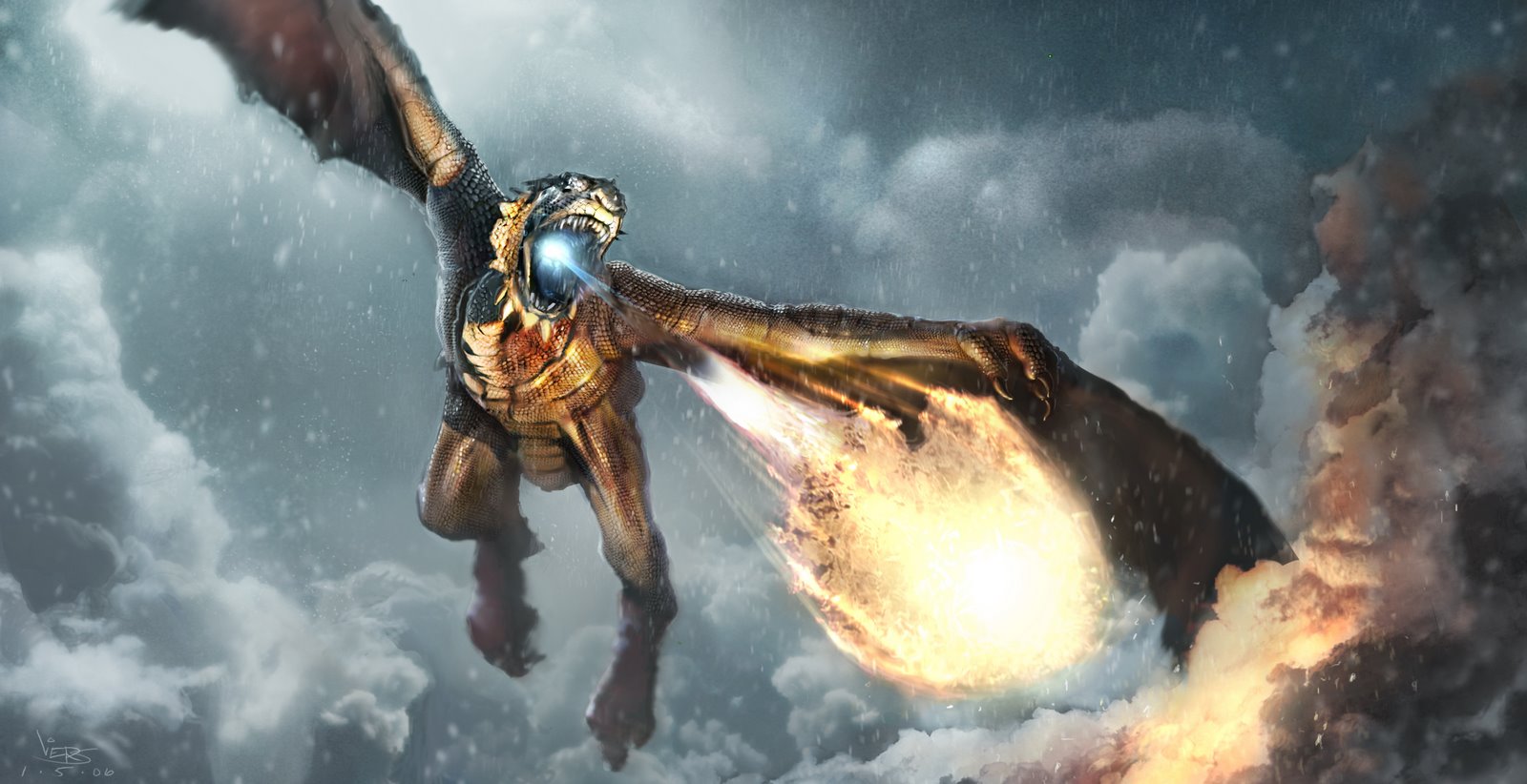 Dragon breathing fire in the sky HD Wallpaper