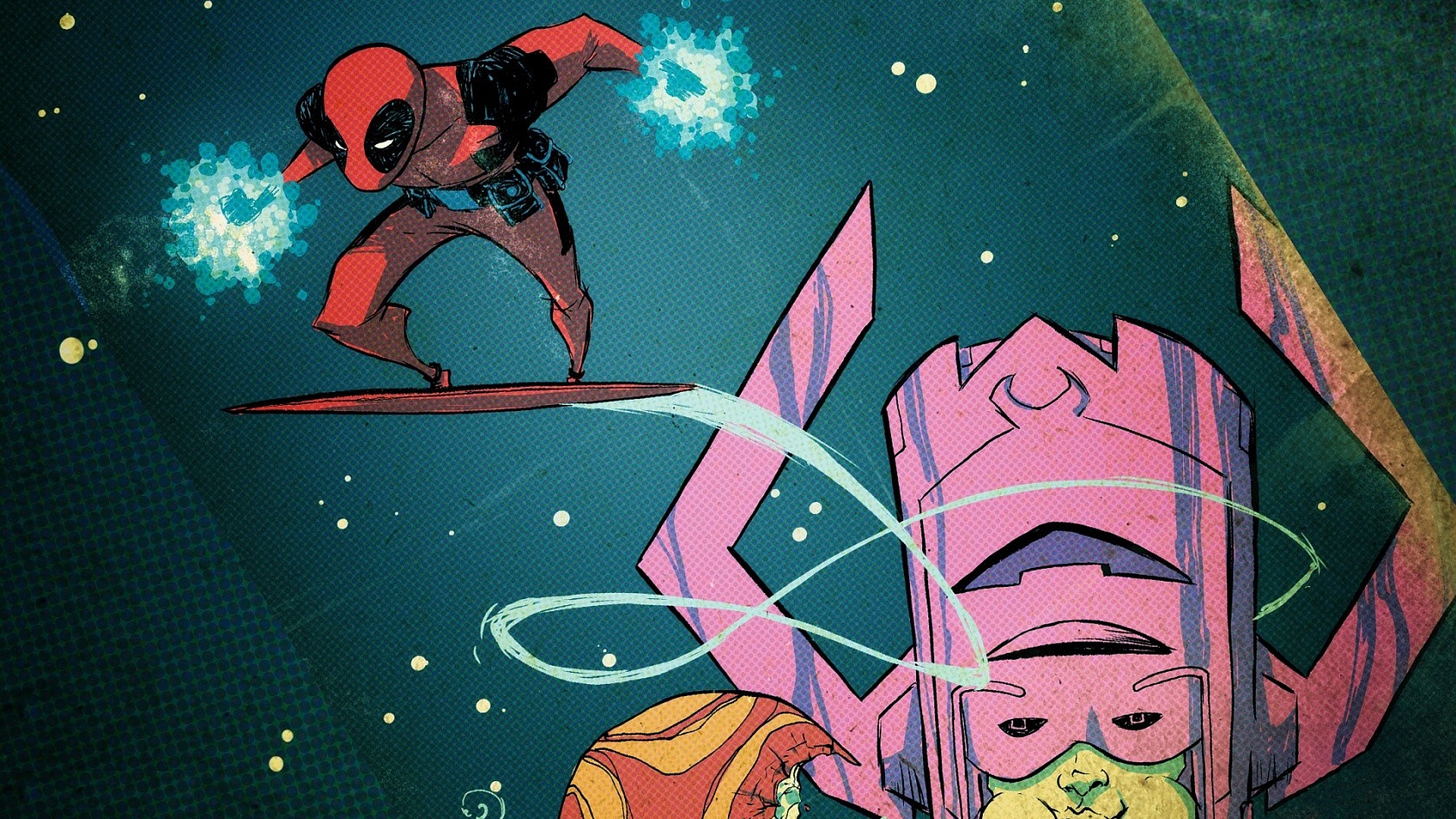 Deadpool surfing with Galactus HD Wallpaper