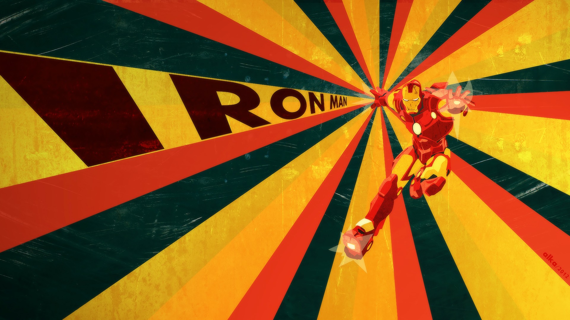 Iron Man flying with retro sunburst background HD Wallpaper