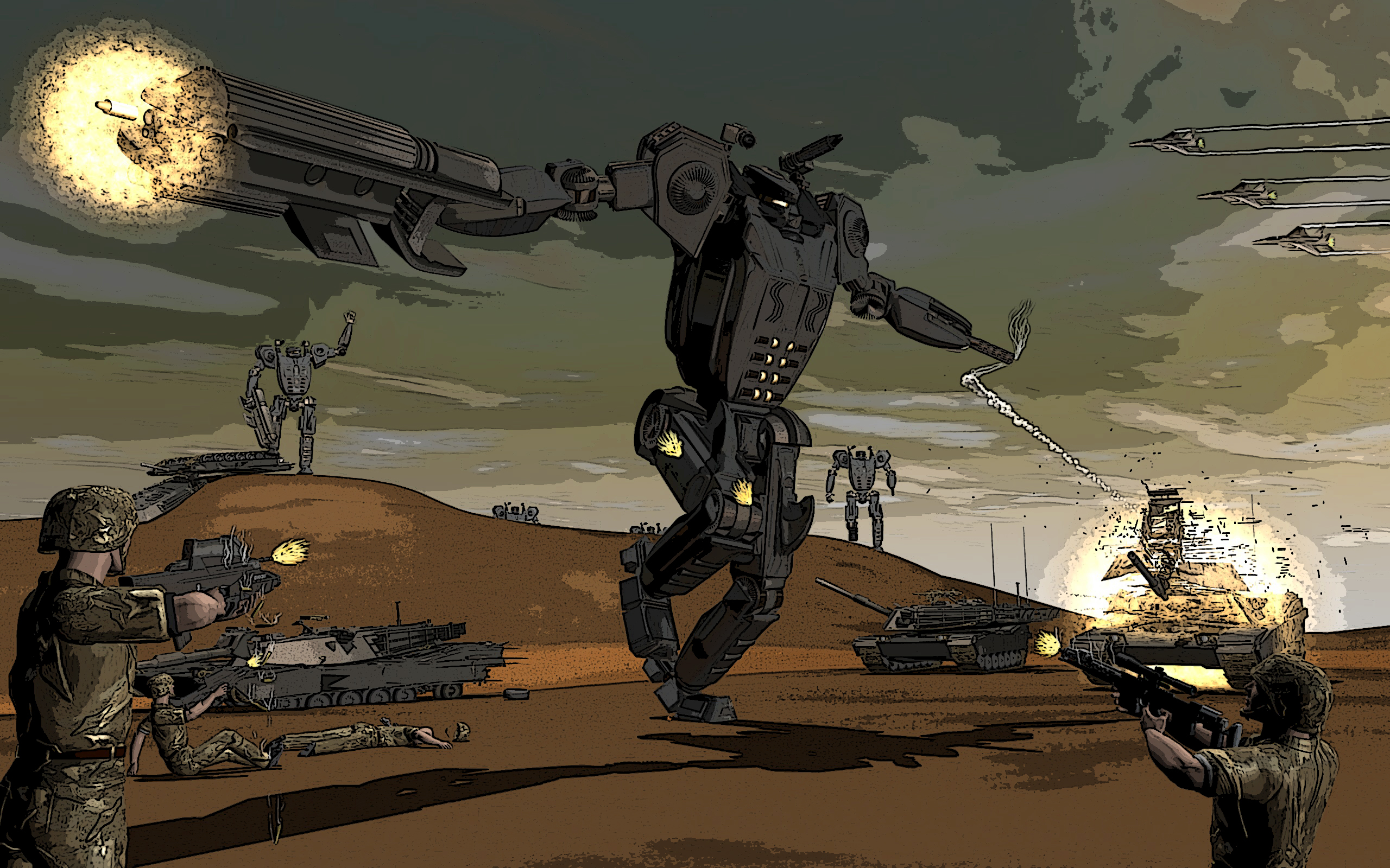 Giant robots and soldiers in a desert war HD Wallpaper