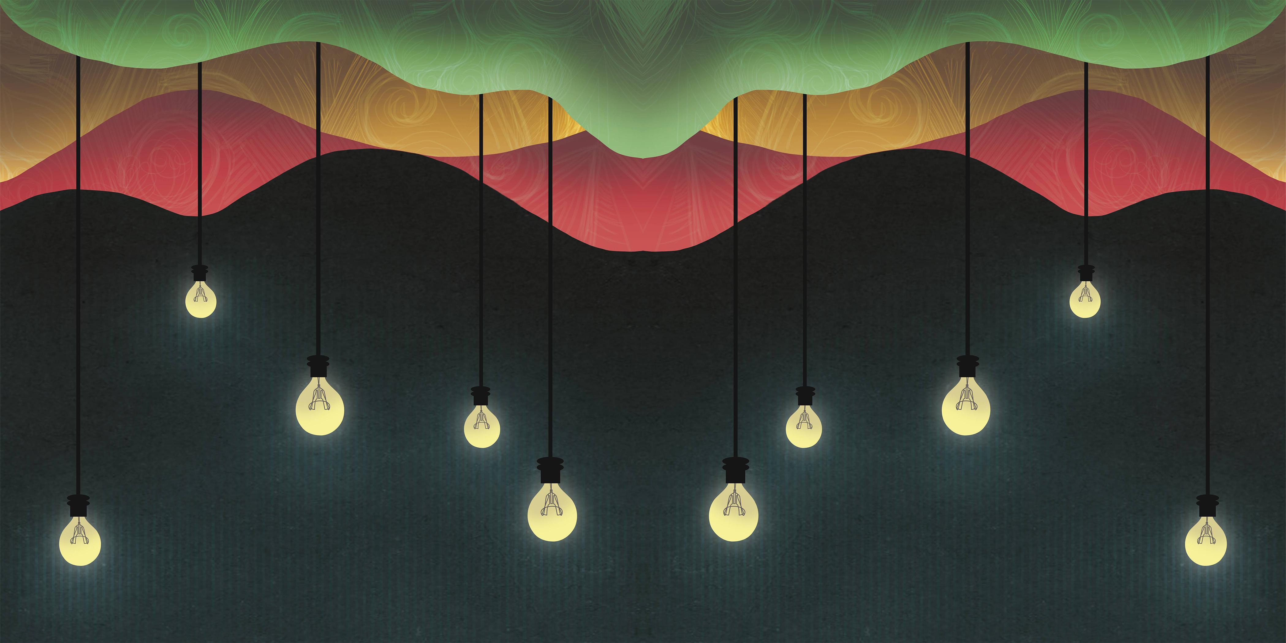Artistic abstract wavy layers with hanging lightbulbs HD Wallpaper