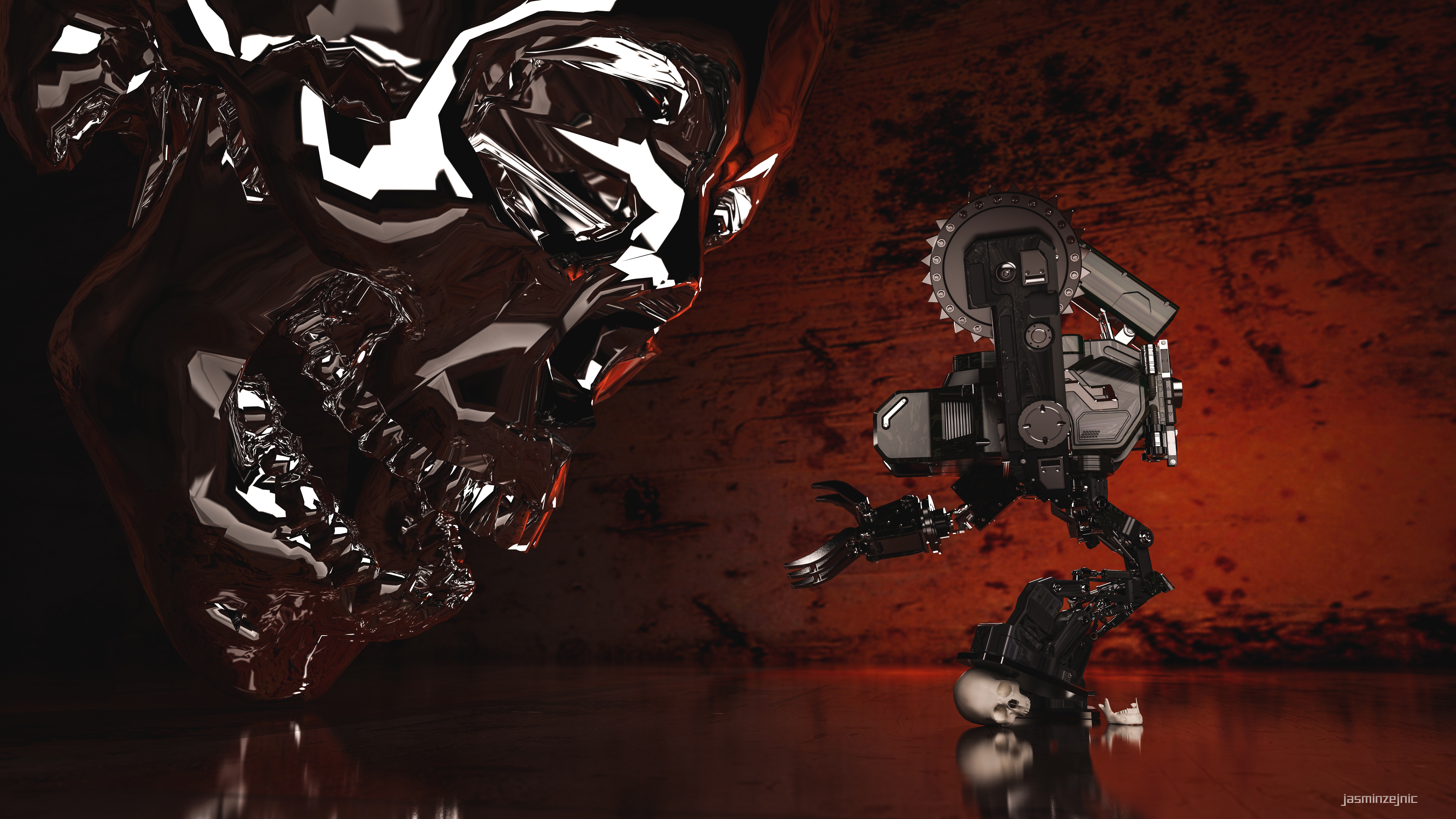 Robot facing a large metallic skull HD Wallpaper