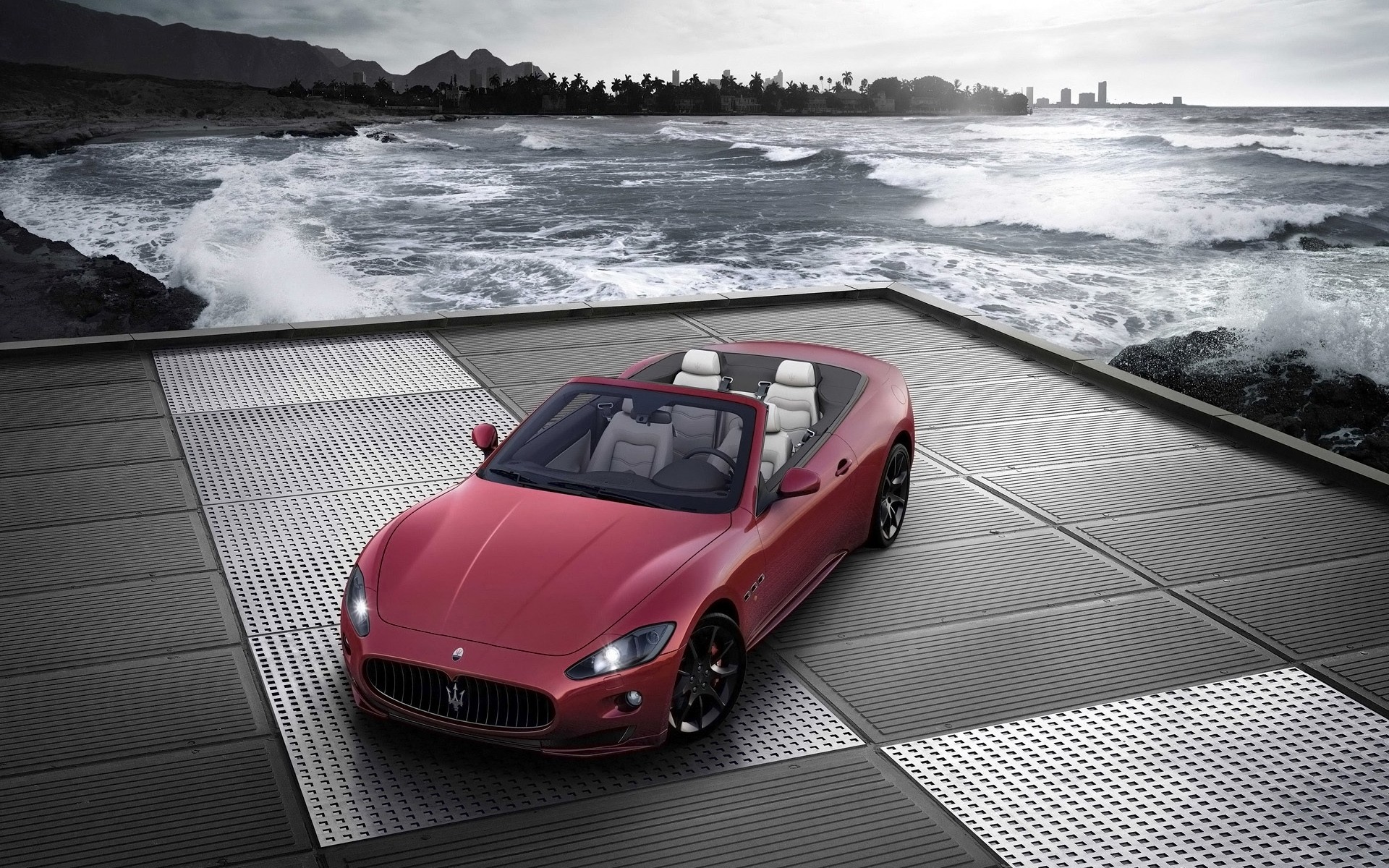 Red Maserati Convertible on a Platform by the Ocean HD Wallpaper