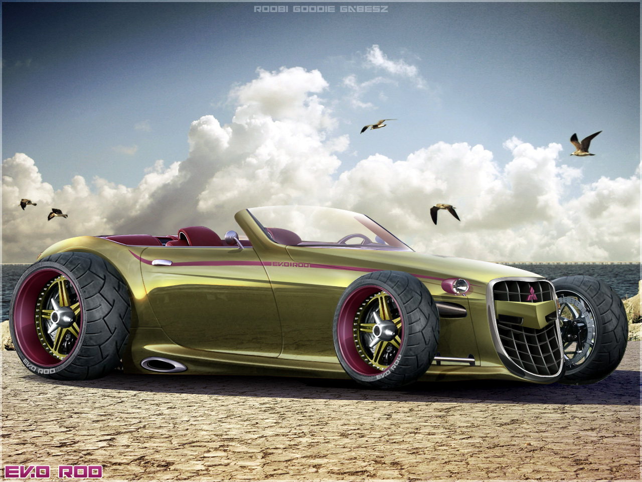 Custom gold Mitsubishi Lancer Evo hot rod convertible HD Wallpaper