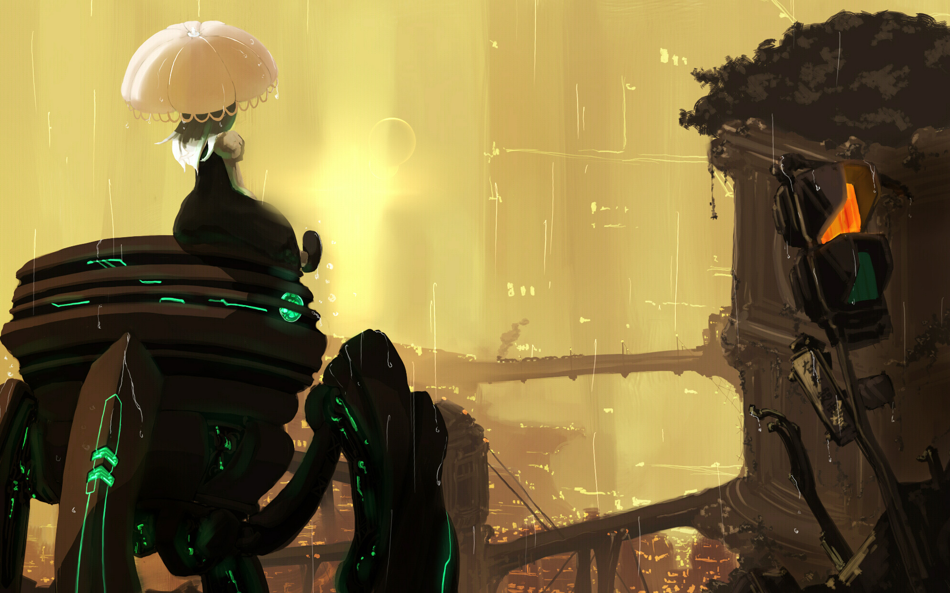 Anime girl with umbrella on robot in rainy city HD Wallpaper