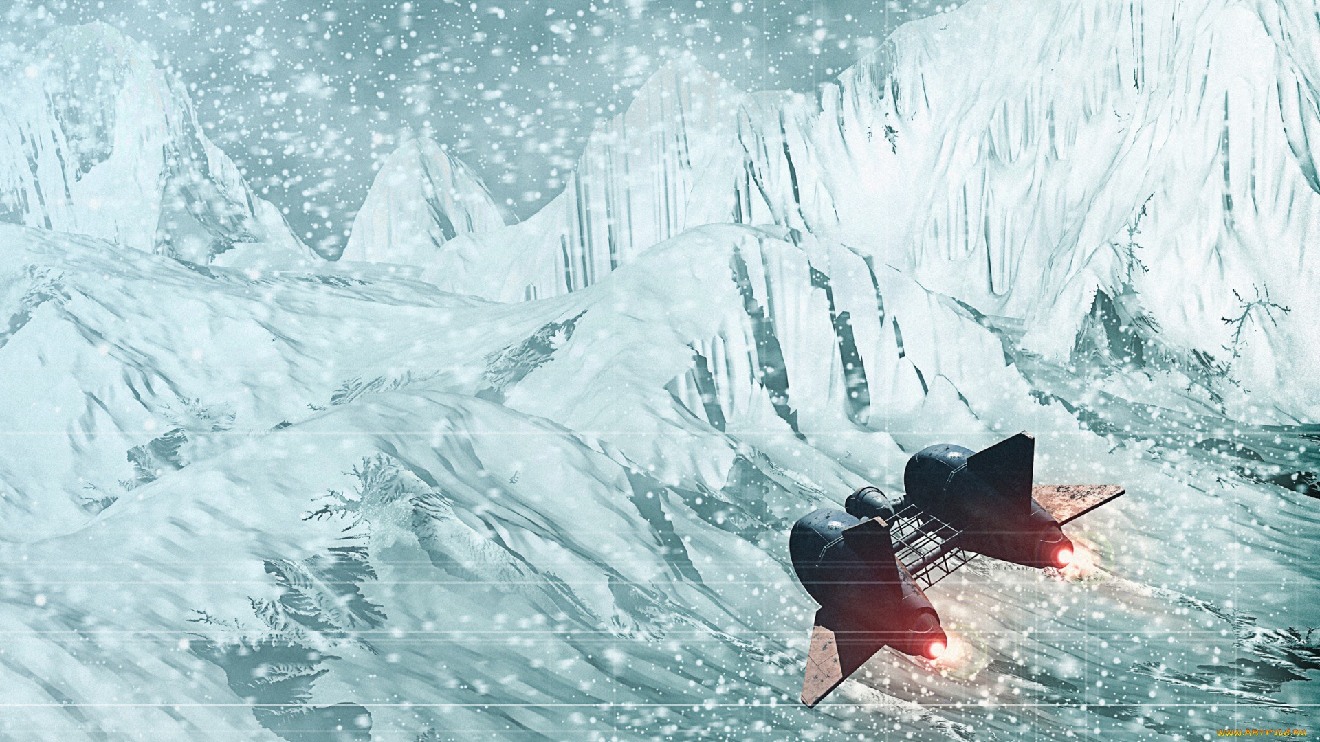 Sci-Fi spaceship flying over icy mountains HD Wallpaper