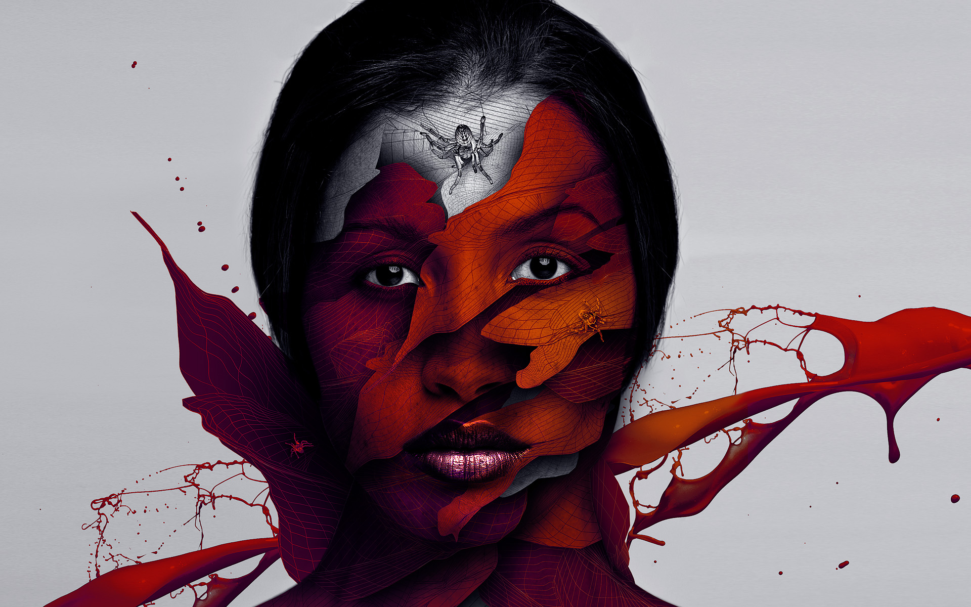 Artistic portrait of a woman with abstract red elements HD Wallpaper