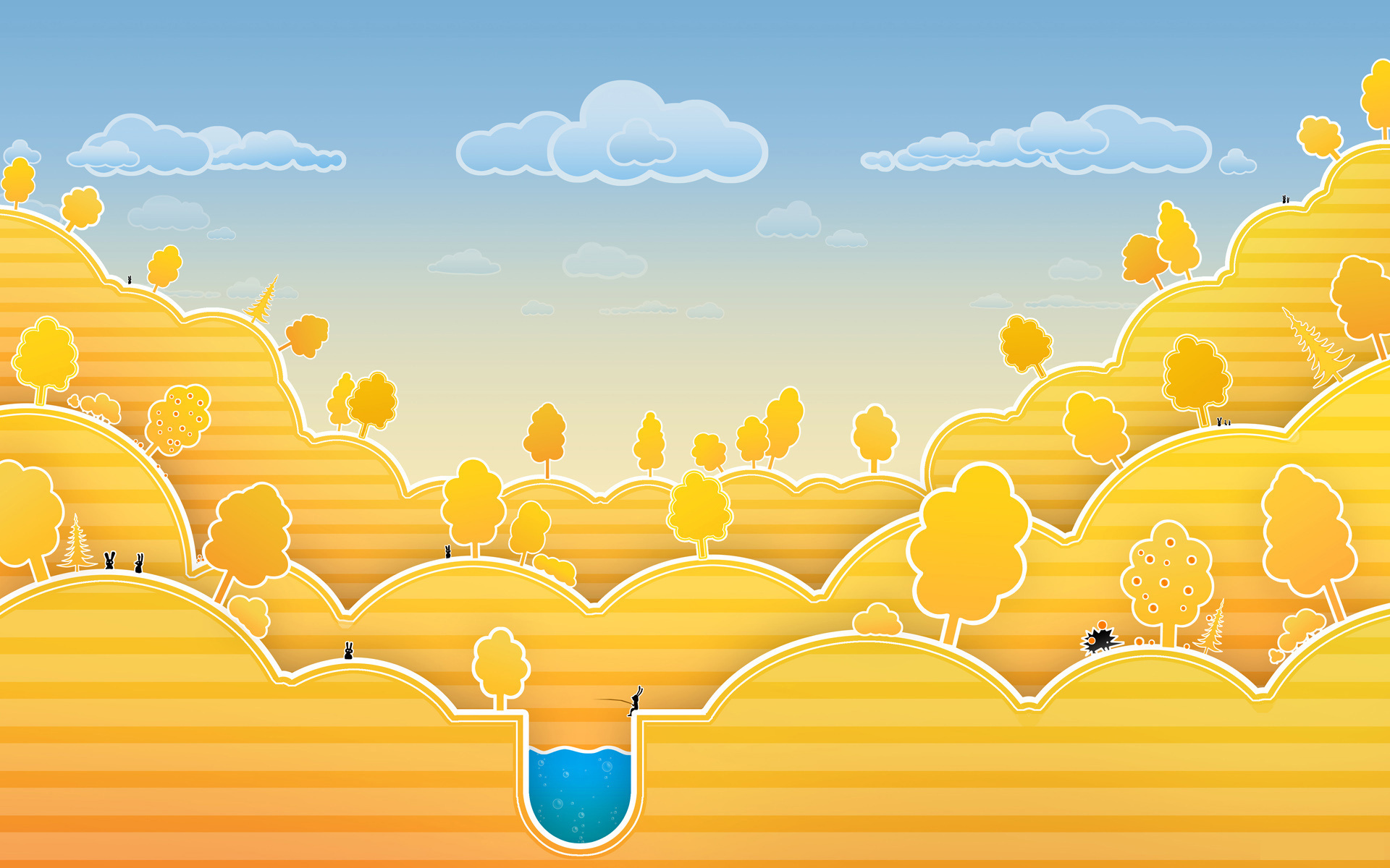Stylized landscape with yellow hills and trees HD Wallpaper