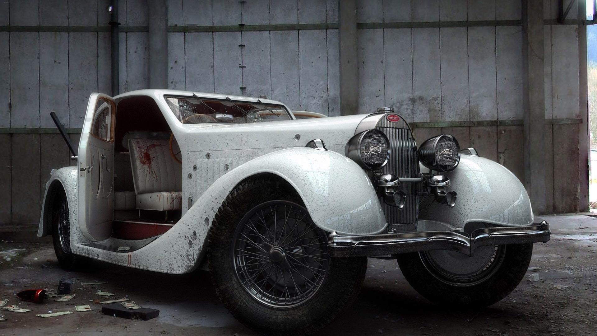 Bugatti car with bullet holes and blood HD Wallpaper