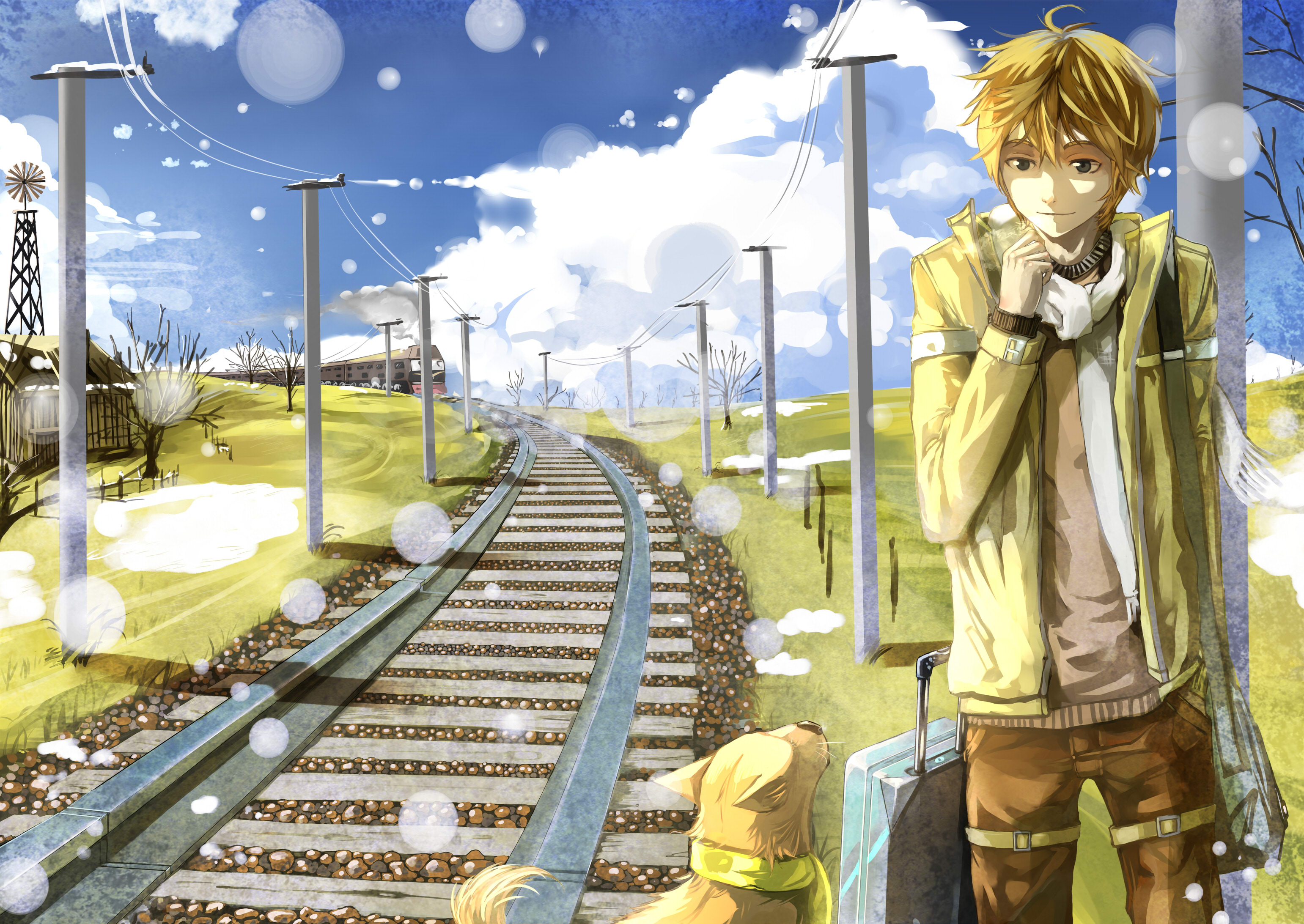 Anime boy and dog at train station HD Wallpaper