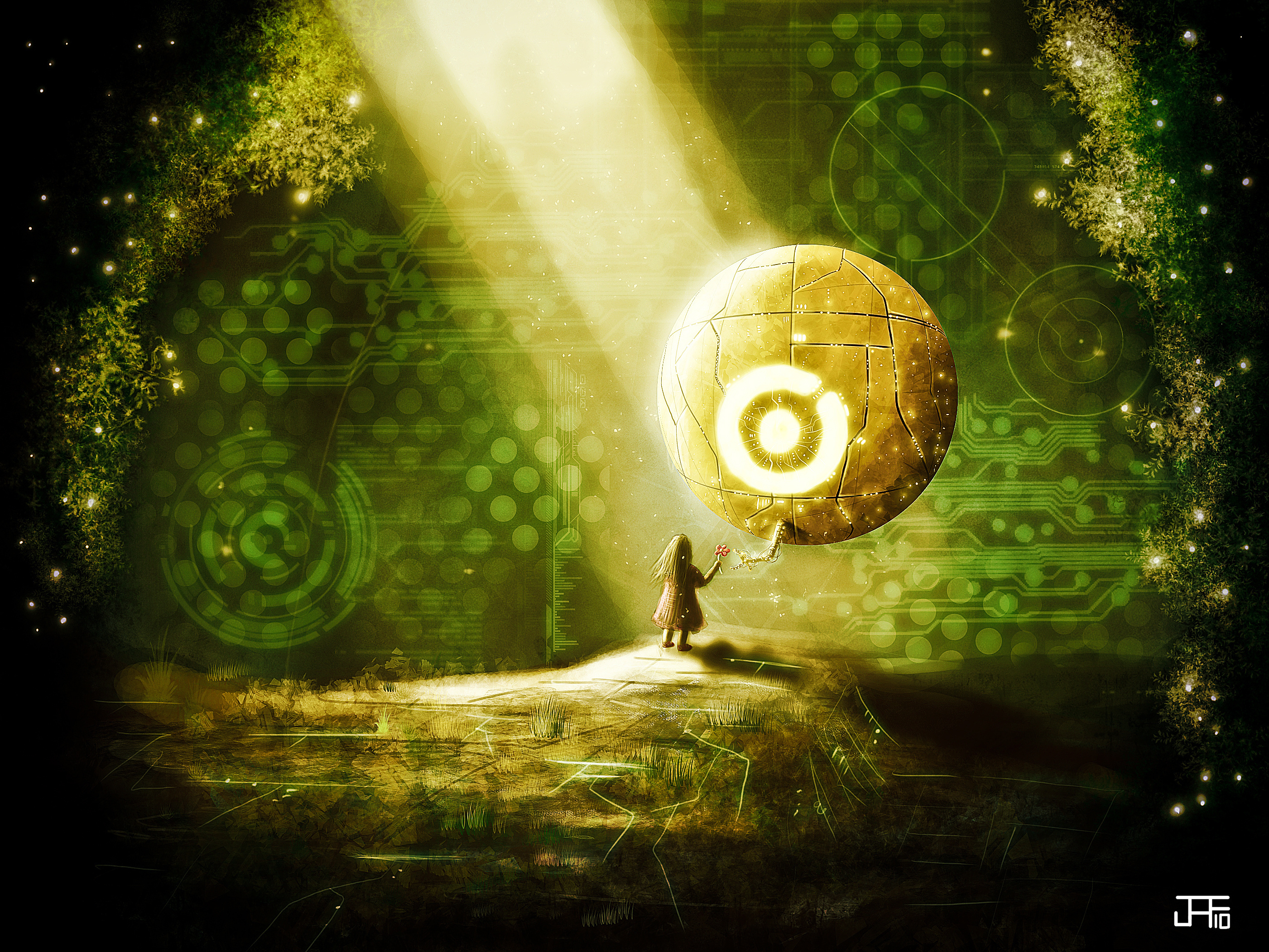 Girl and Sci-Fi Orb in Digital Forest HD Wallpaper