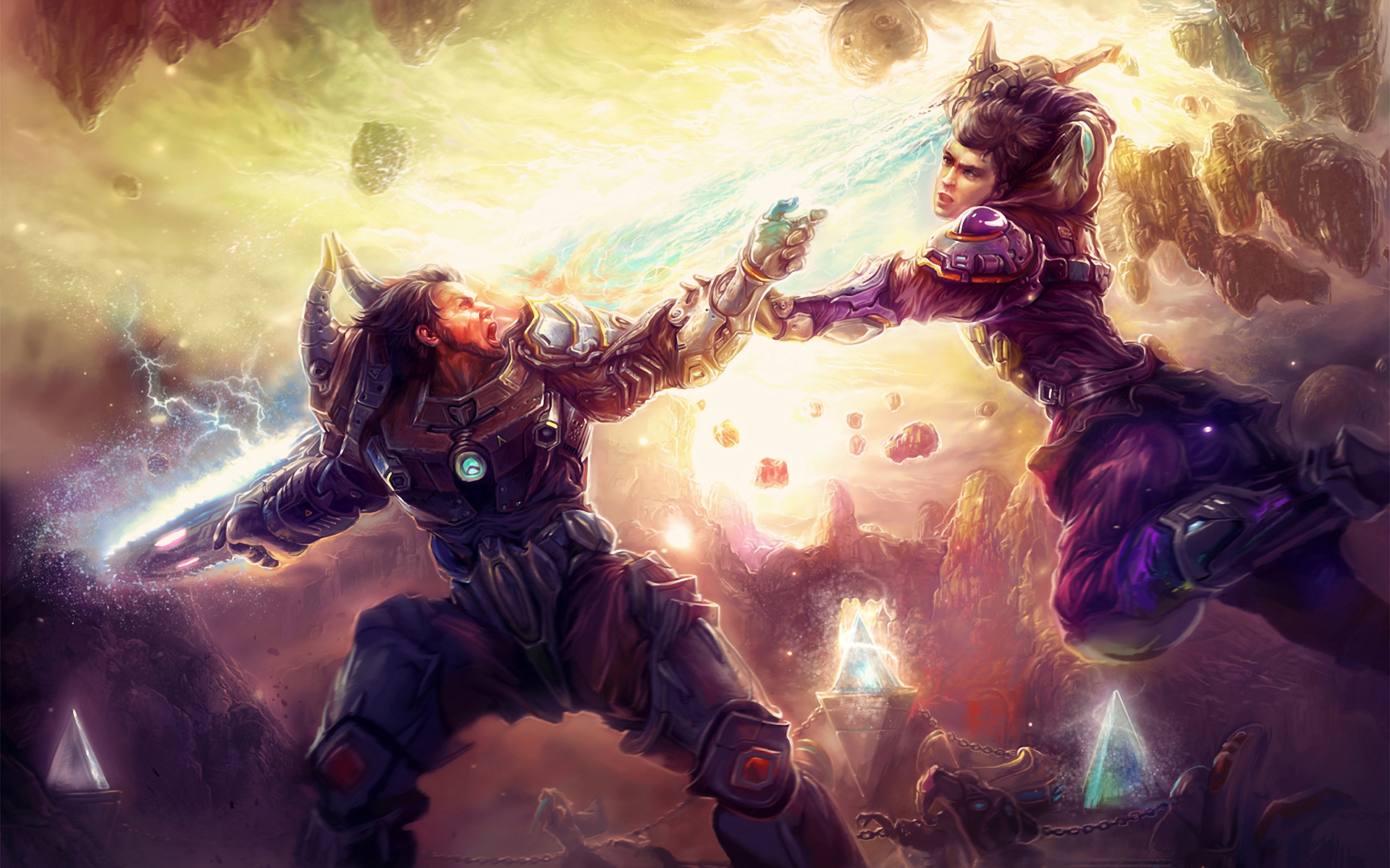Two warriors battling with energy blasts and swords HD Wallpaper