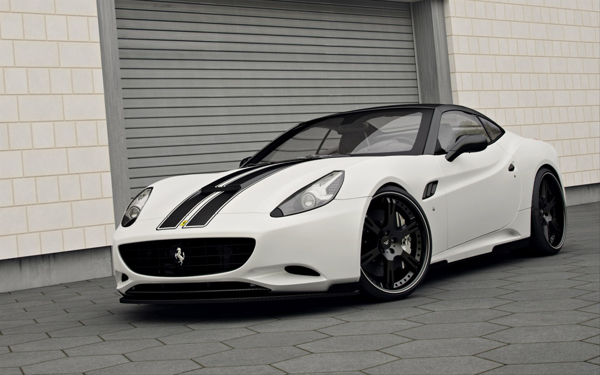 White Ferrari California with black racing stripes HD Wallpaper