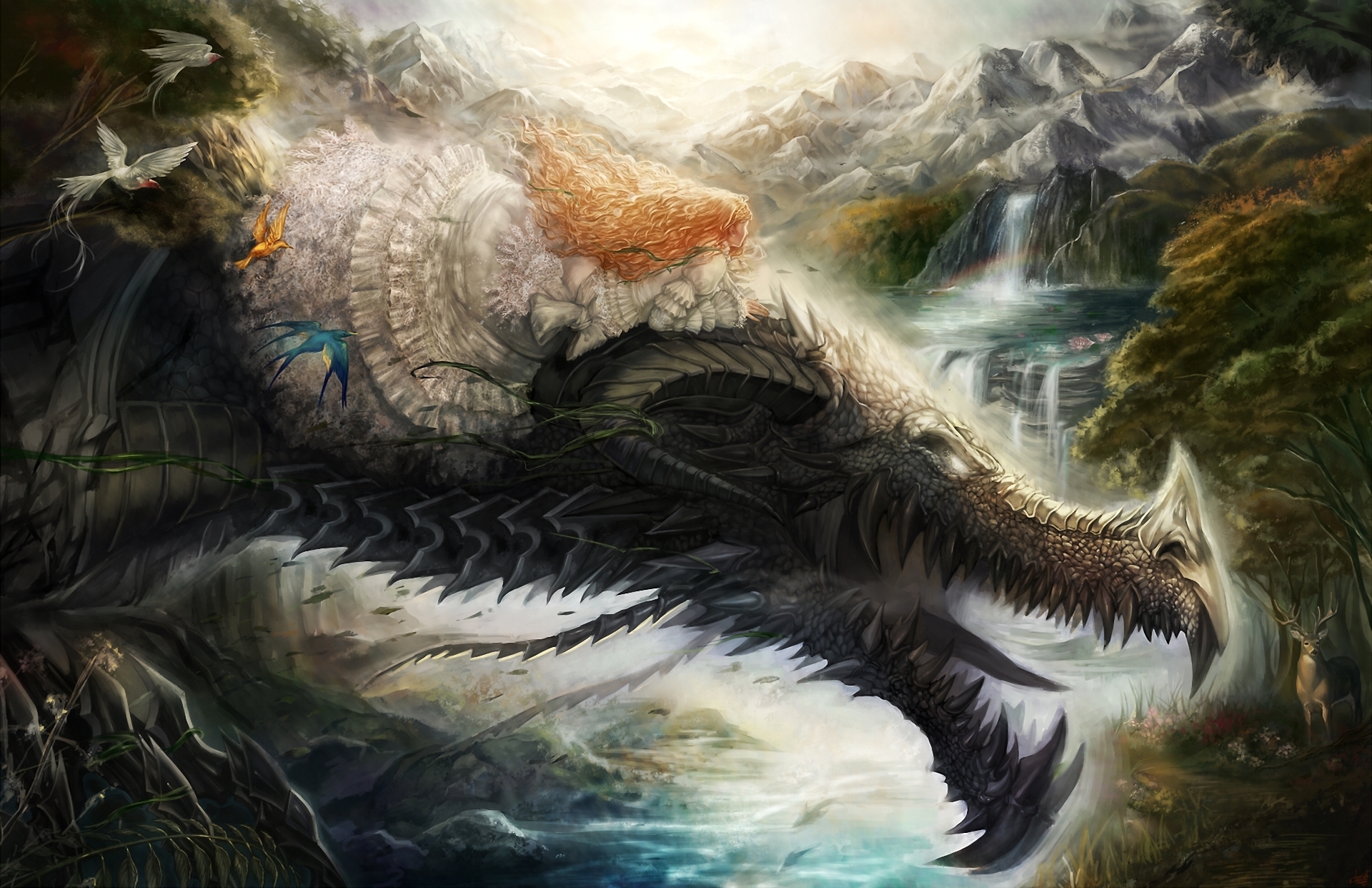 Fantasy dragon with a girl and a mountain landscape HD Wallpaper
