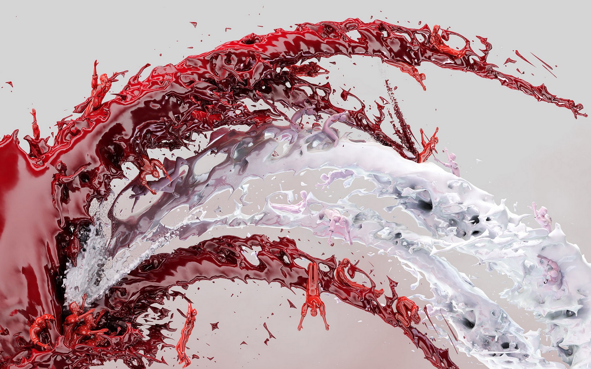 Abstract red and white liquid splash with figures HD Wallpaper