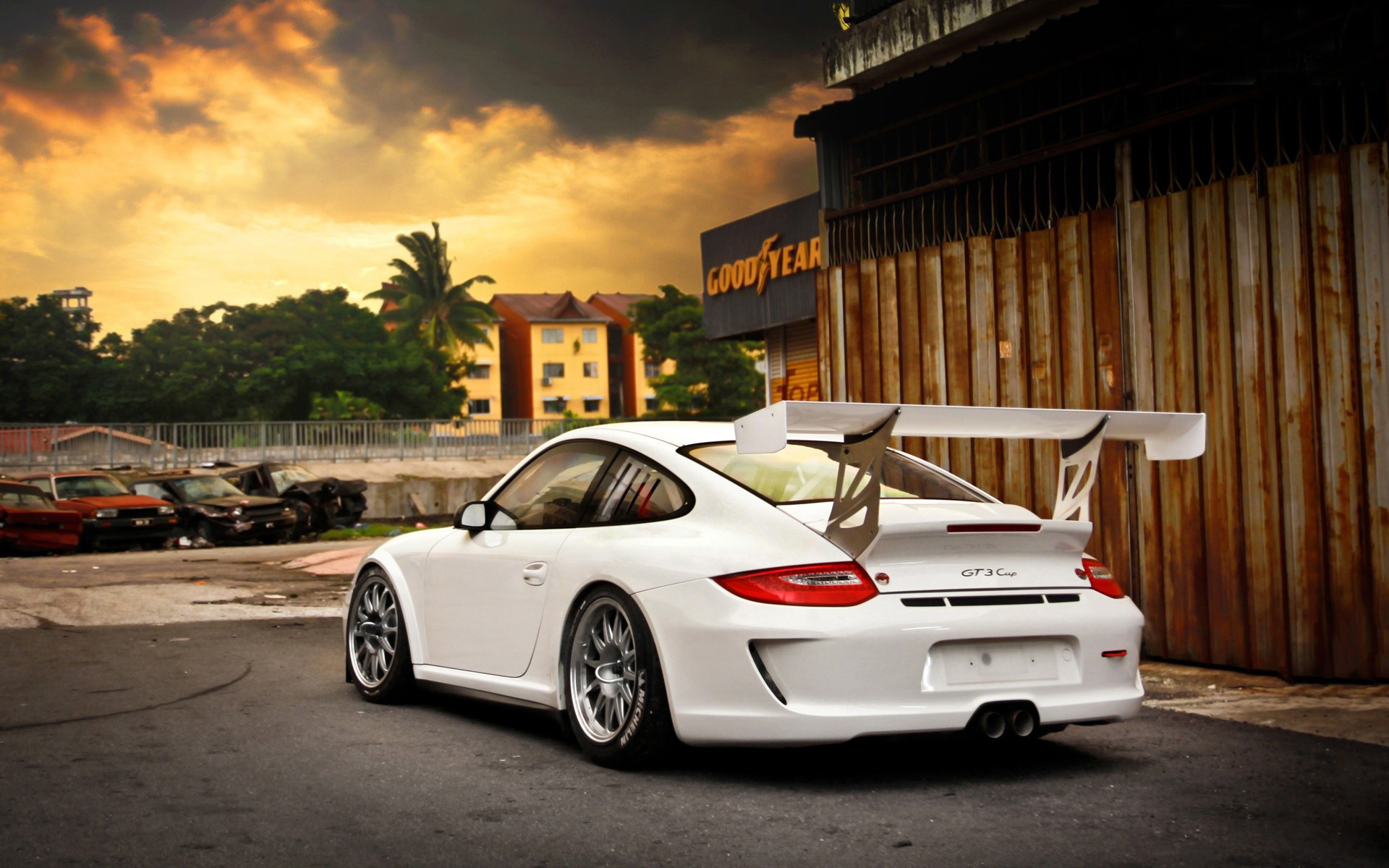 White Porsche GT3 Cup with Goodyear sign HD Wallpaper