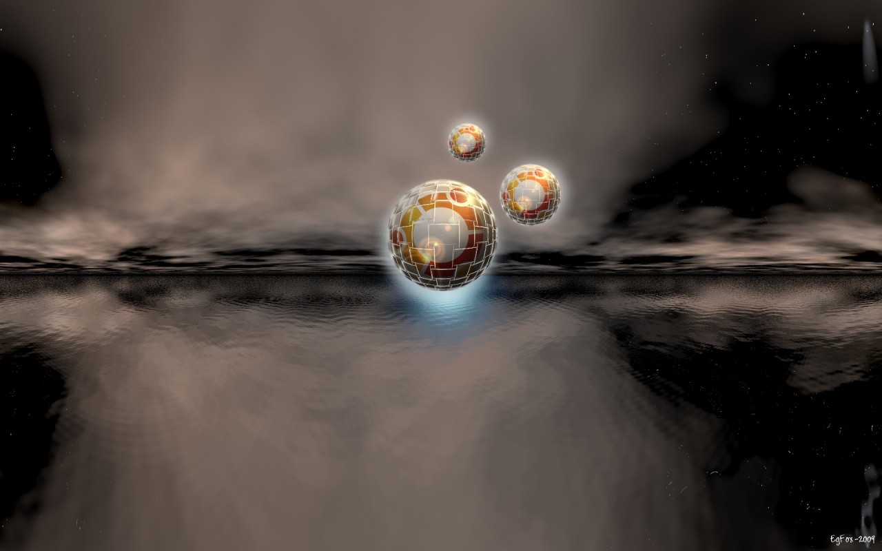 Three glowing spheres over a reflective surface HD Wallpaper