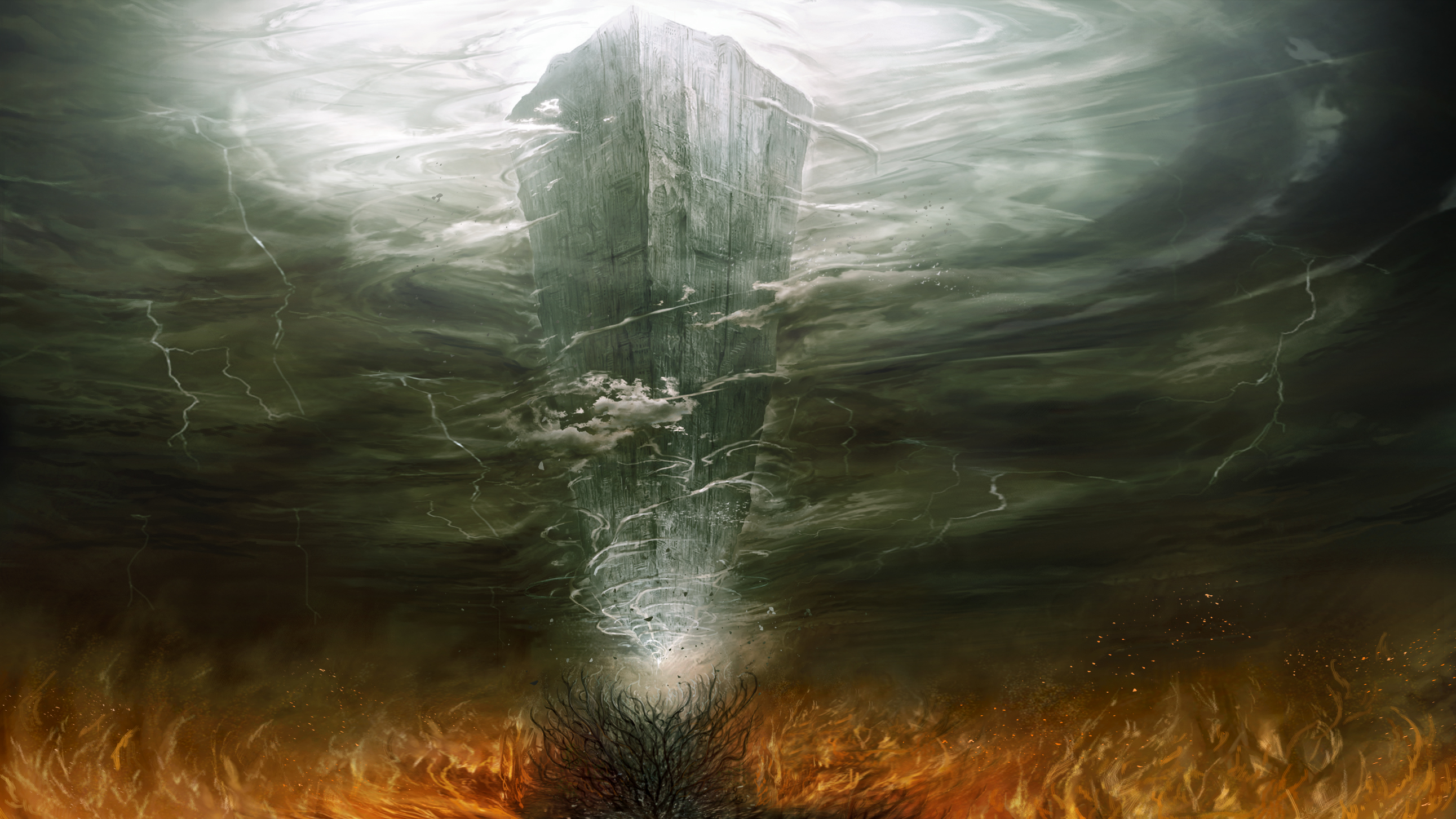 Demon's Souls: Towering Structure Amidst Storm and Fire HD Wallpaper