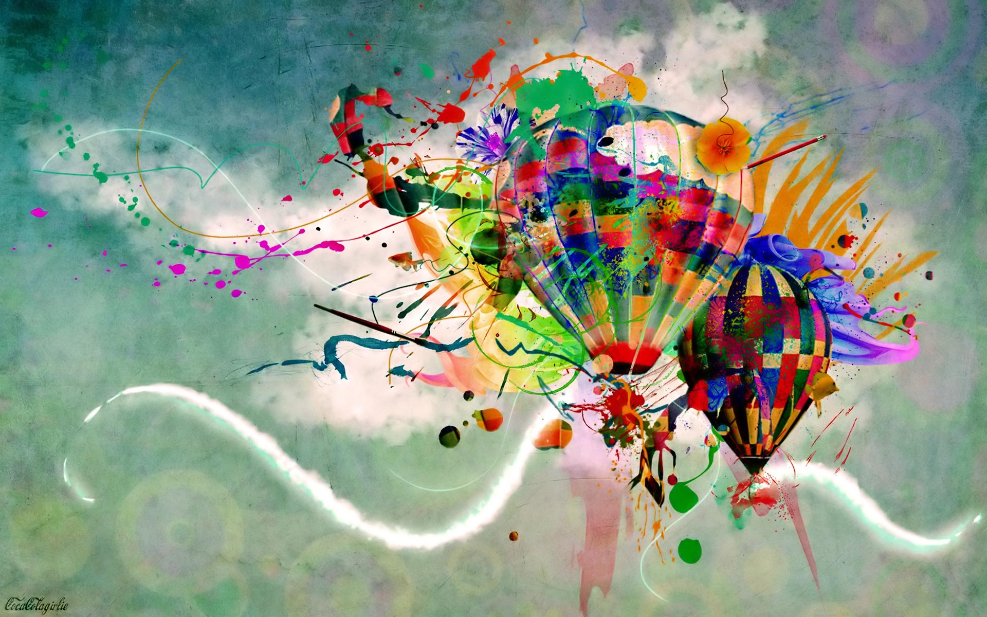 Abstract hot air balloons with colorful paint splatters HD Wallpaper