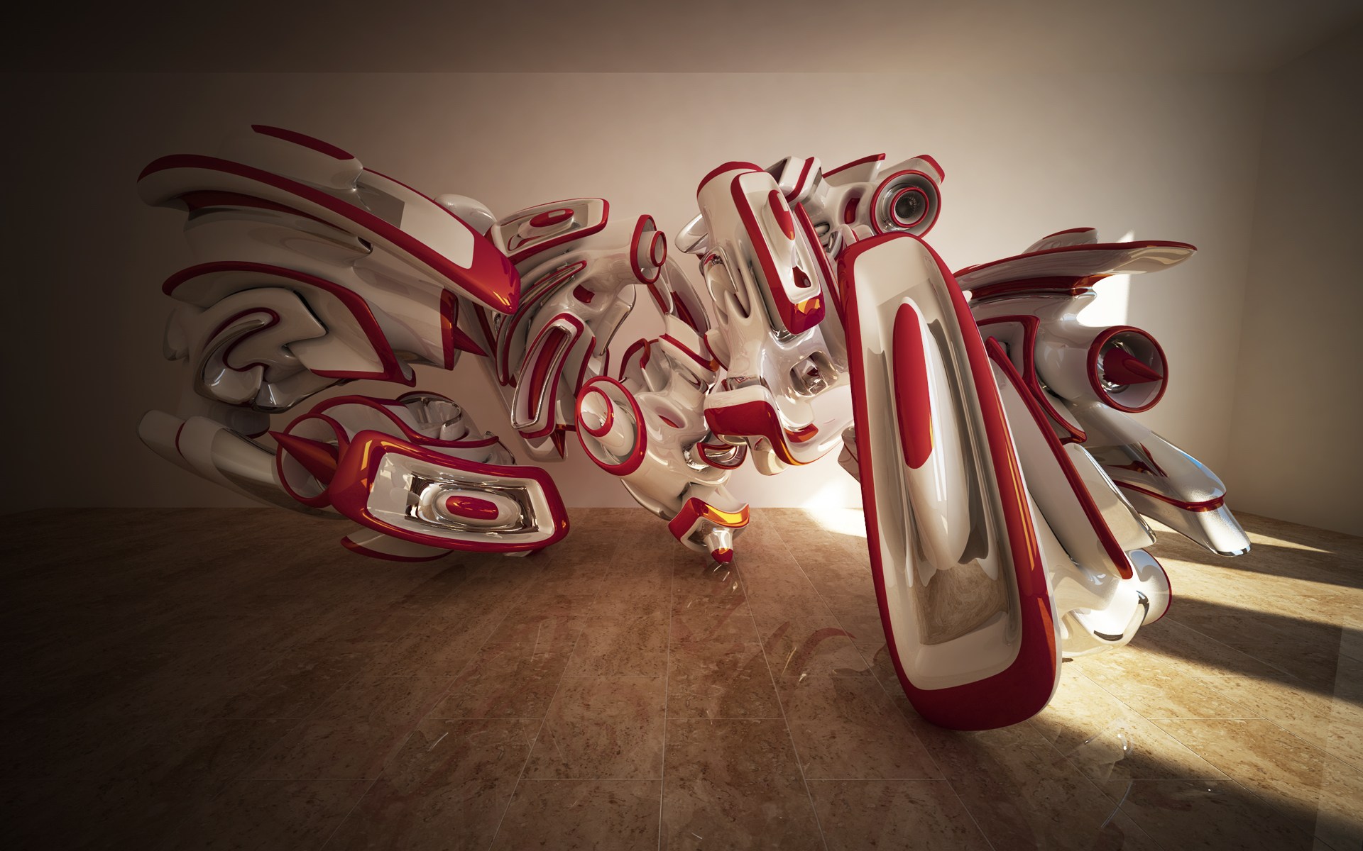 3D abstract sculpture with red and white elements HD Wallpaper