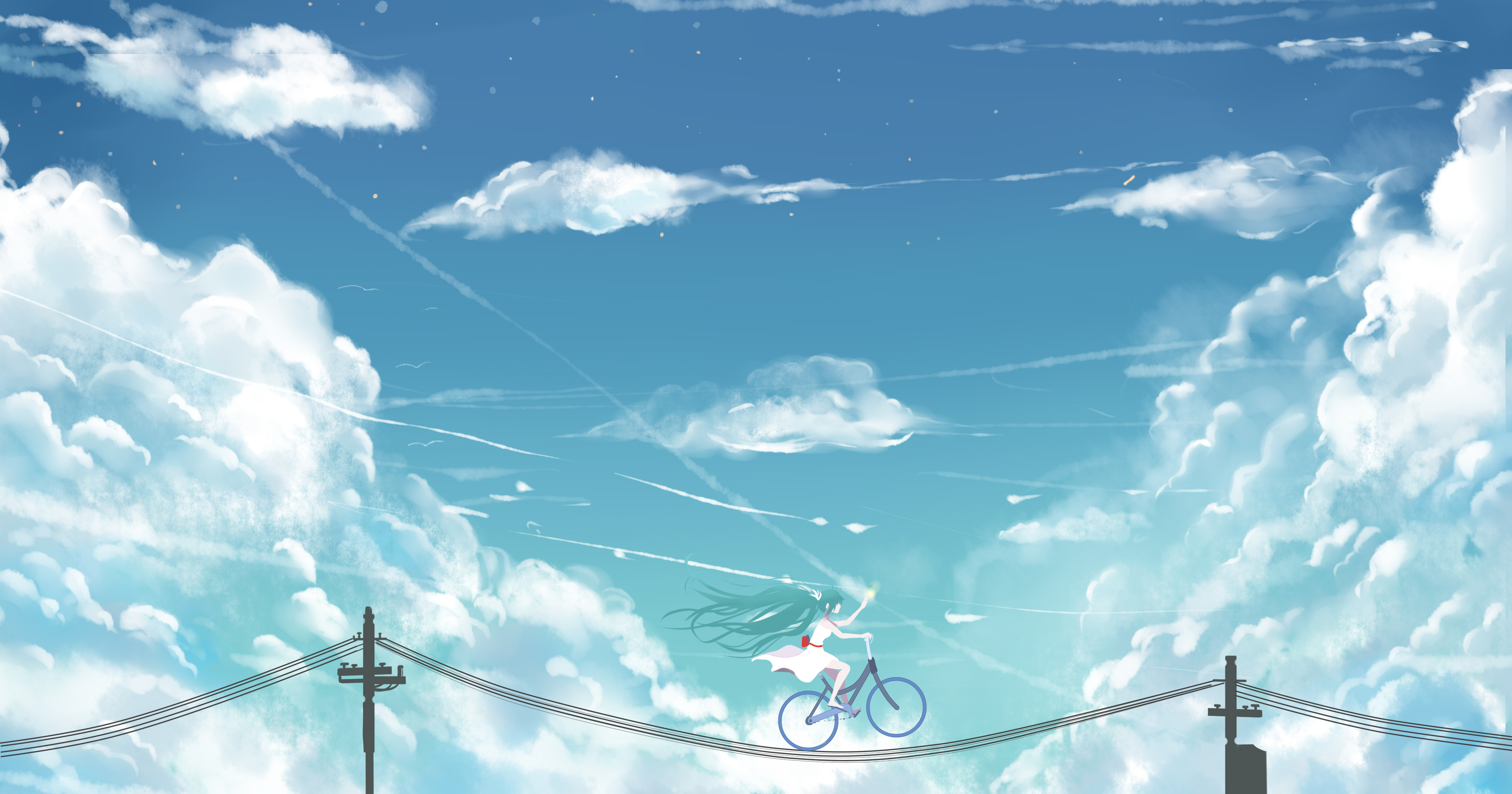Hatsune Miku riding a bicycle on power lines HD Wallpaper