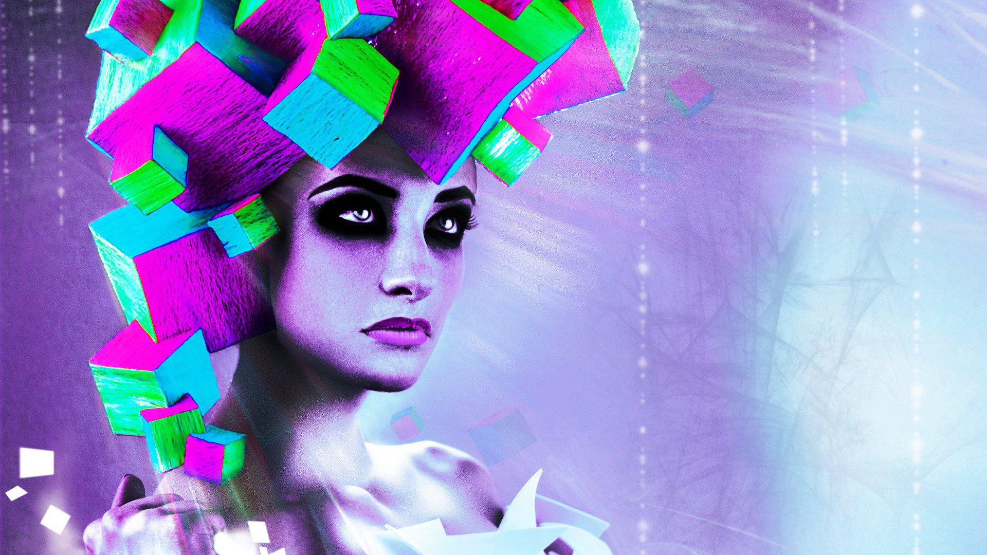 Woman with colorful geometric headpiece HD Wallpaper